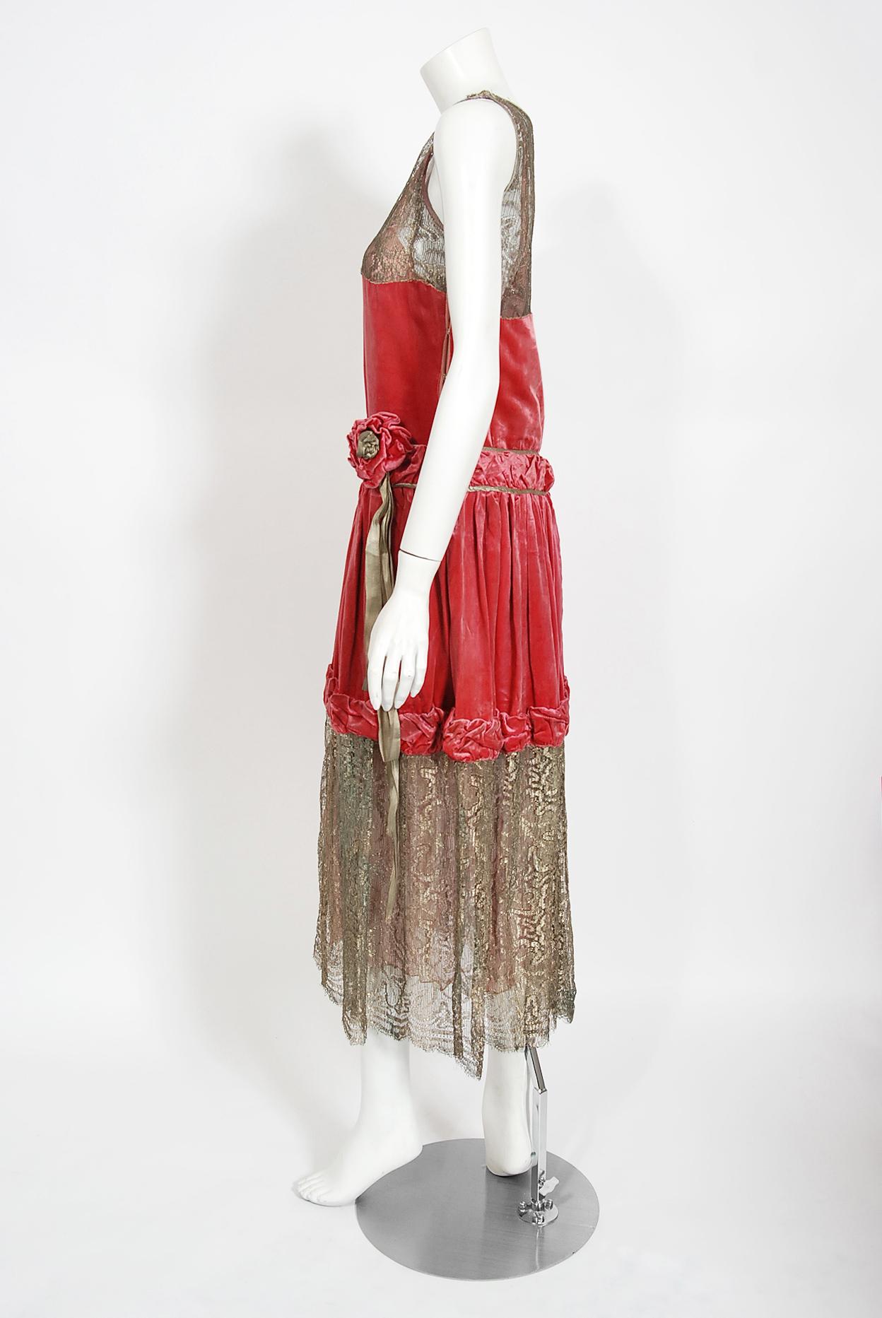 Vintage 1920's Bedell Couture Magenta Velvet Metallic-Gold Lace Flapper Dress 1