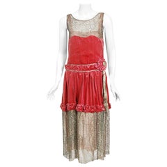 Vintage 1920's Bedell Couture Magenta Velvet Metallic-Gold Lace Flapper Dress