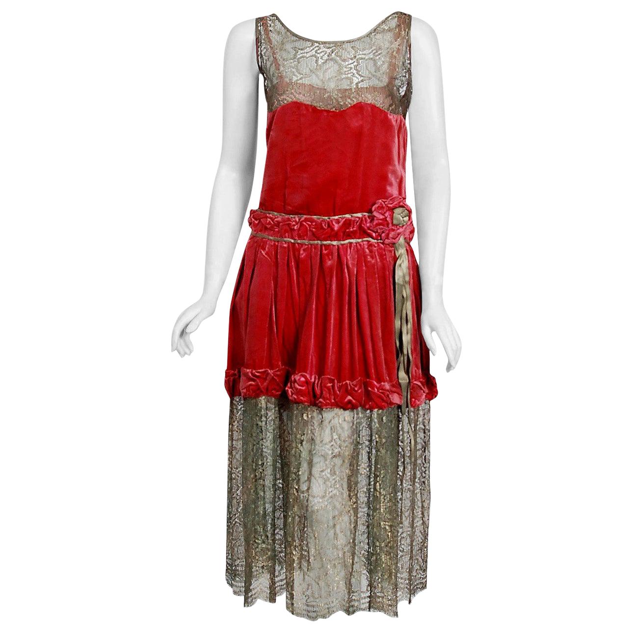 Vintage 1920's Bedell Couture Magenta Velvet Metallic Gold Lace Flapper Dress