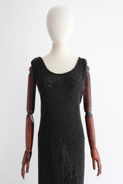 Vintage 1920's Black Beaded Evening Dress UK 12-14 US 8-10