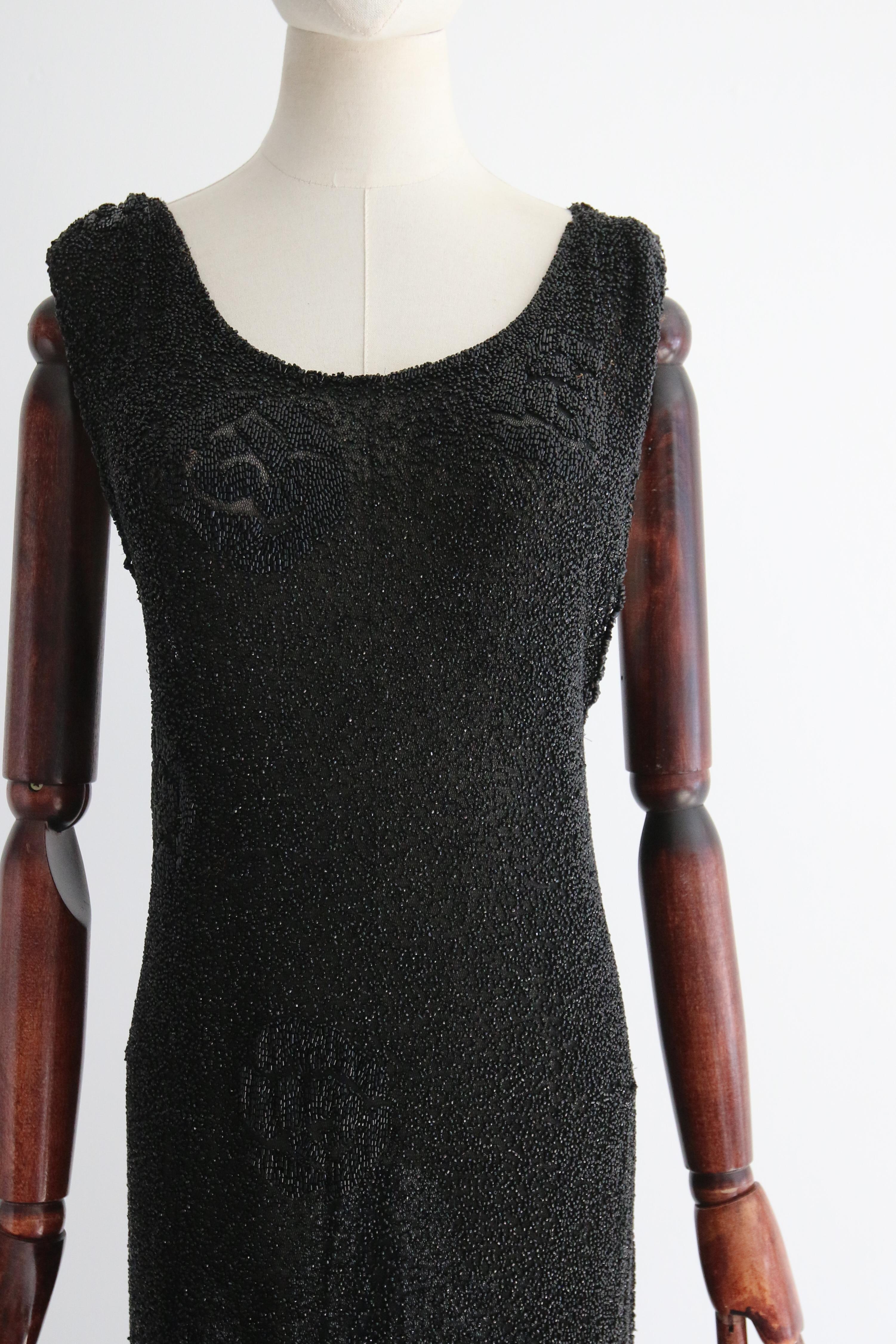 Vintage 1920's Black Beaded Evening Dress UK 12-14 US 8-10 In Good Condition In Cheltenham, GB