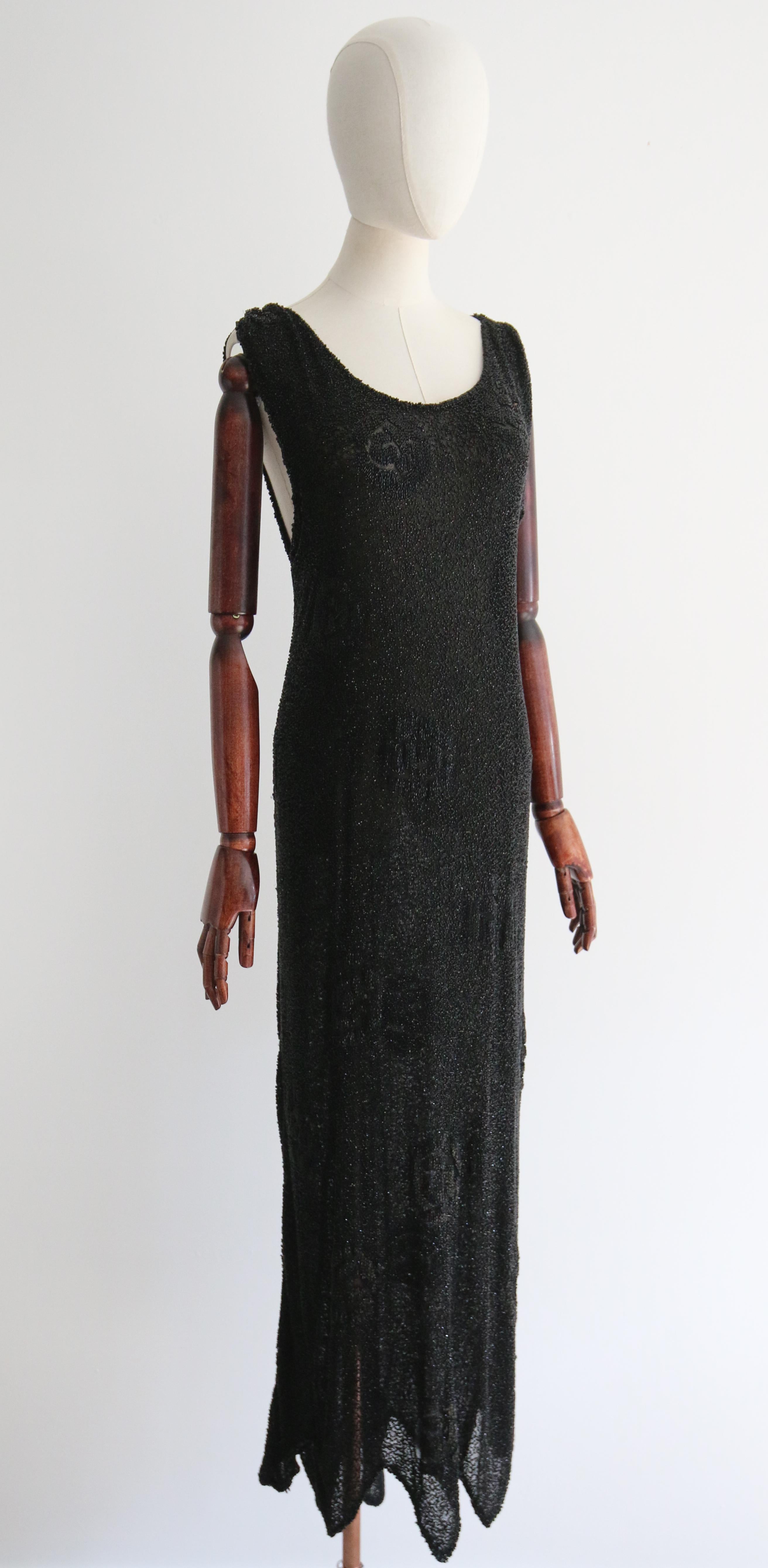 Women's or Men's Vintage 1920's Black Beaded Evening Dress UK 12-14 US 8-10
