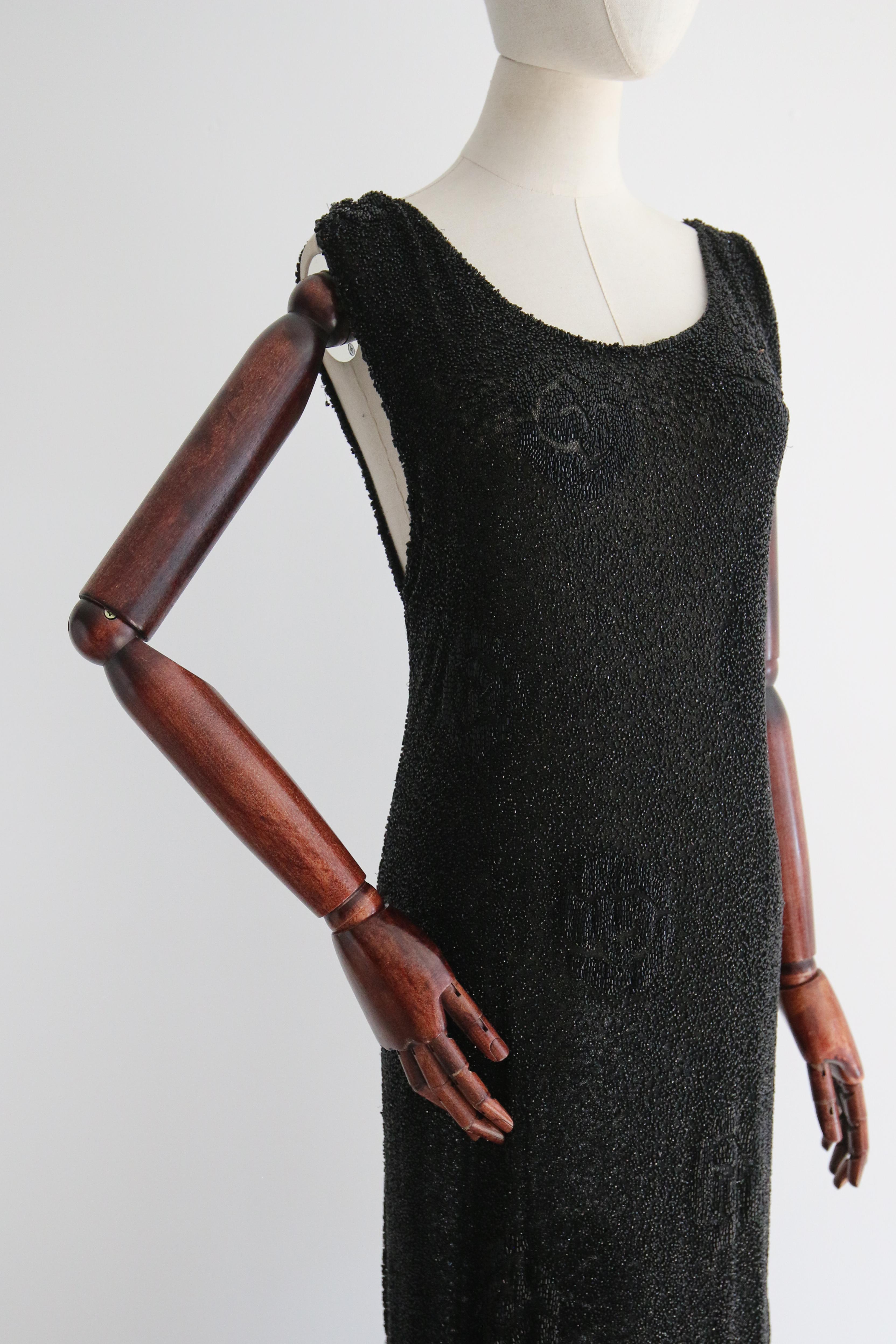 Vintage 1920's Black Beaded Evening Dress UK 12-14 US 8-10 1