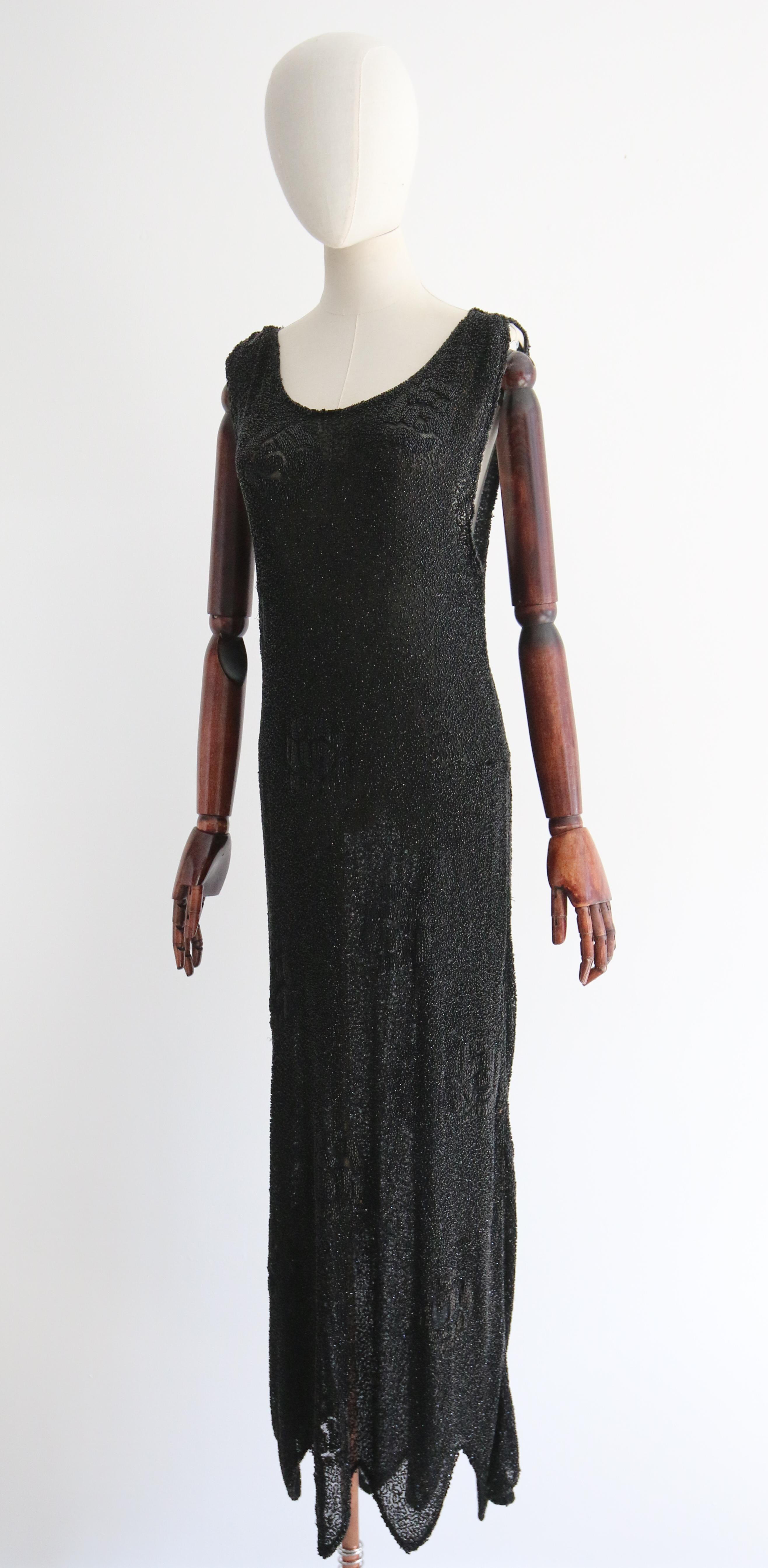 Vintage 1920's Black Beaded Evening Dress UK 12-14 US 8-10 2