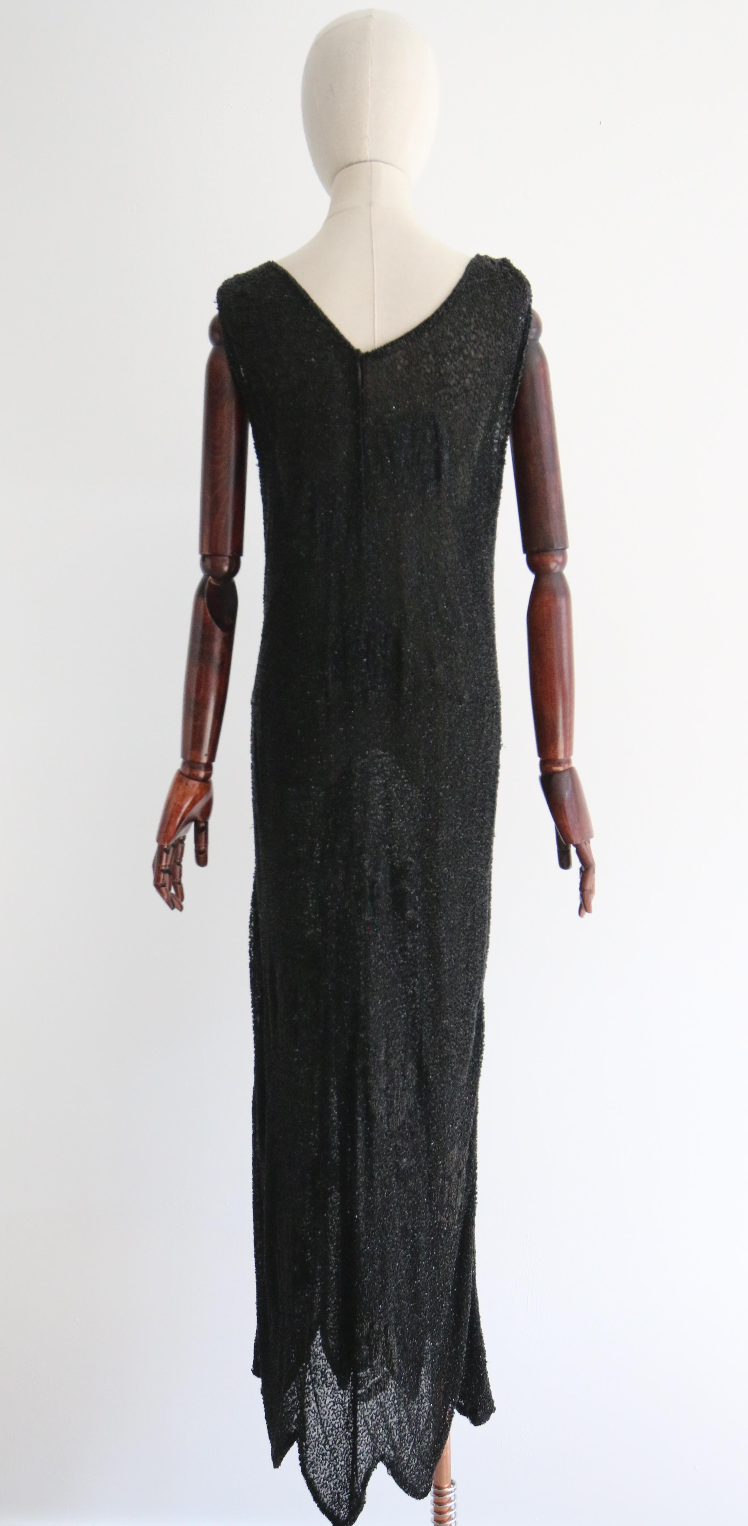 Vintage 1920's Black Beaded Evening Dress UK 12-14 US 8-10 3