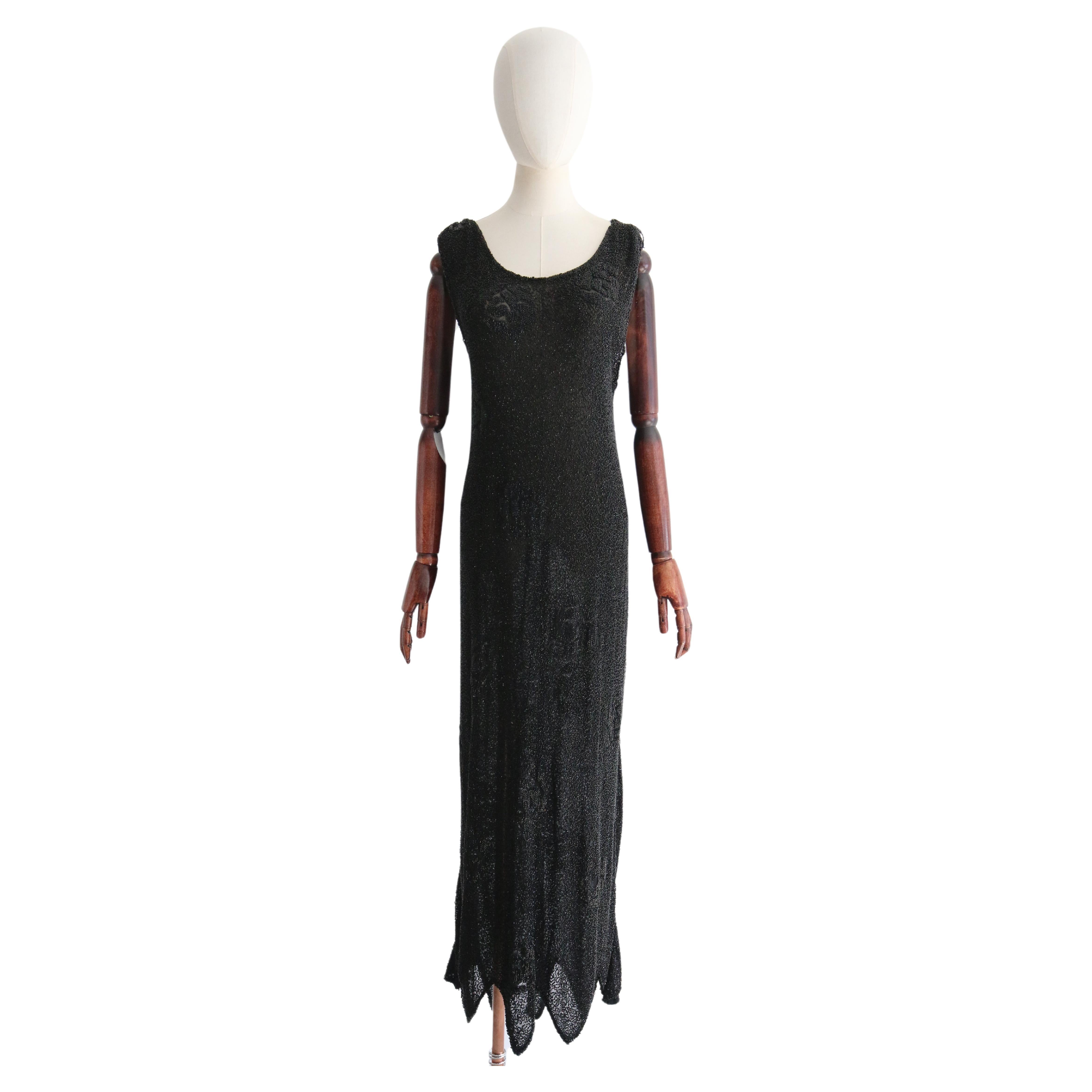 Vintage 1920's Black Beaded Evening Dress UK 12-14 US 8-10