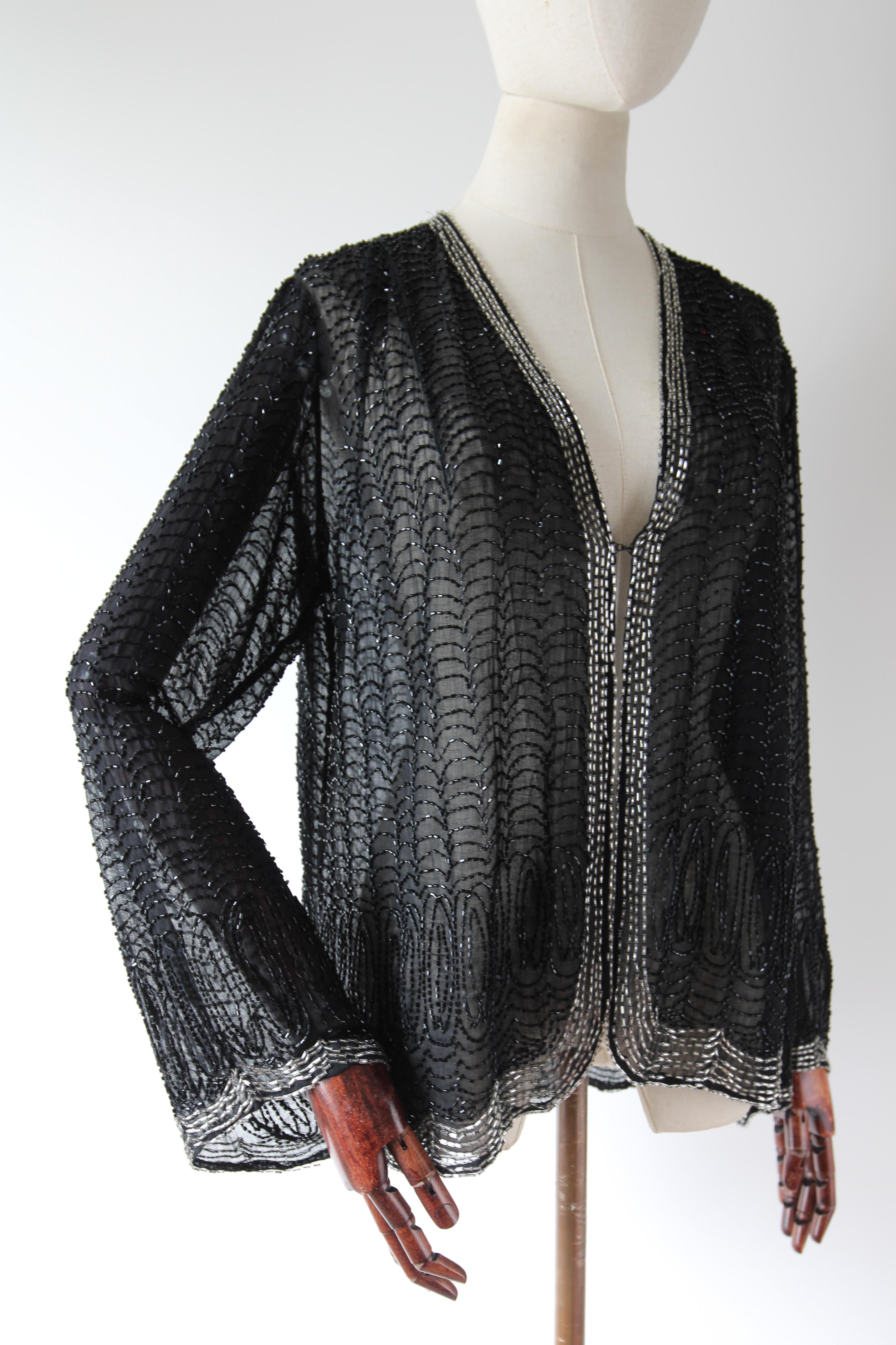 Vintage 1920's Black Beaded Jacket Silver Flapper silver beaded Jacket UK 8 US 4 For Sale 1