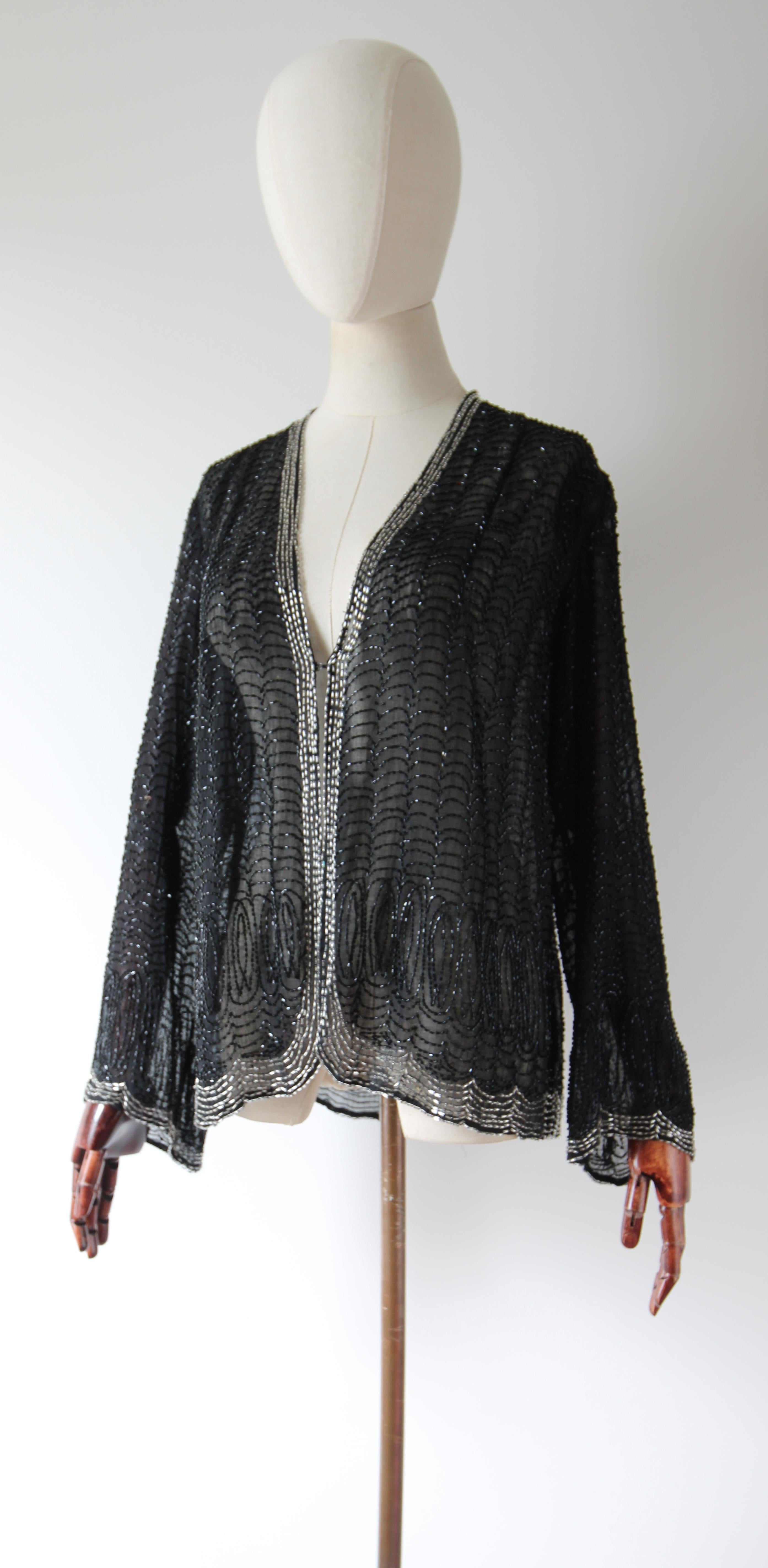Vintage 1920's Black Beaded Jacket Silver Flapper silver beaded Jacket UK 8 US 4 For Sale 2