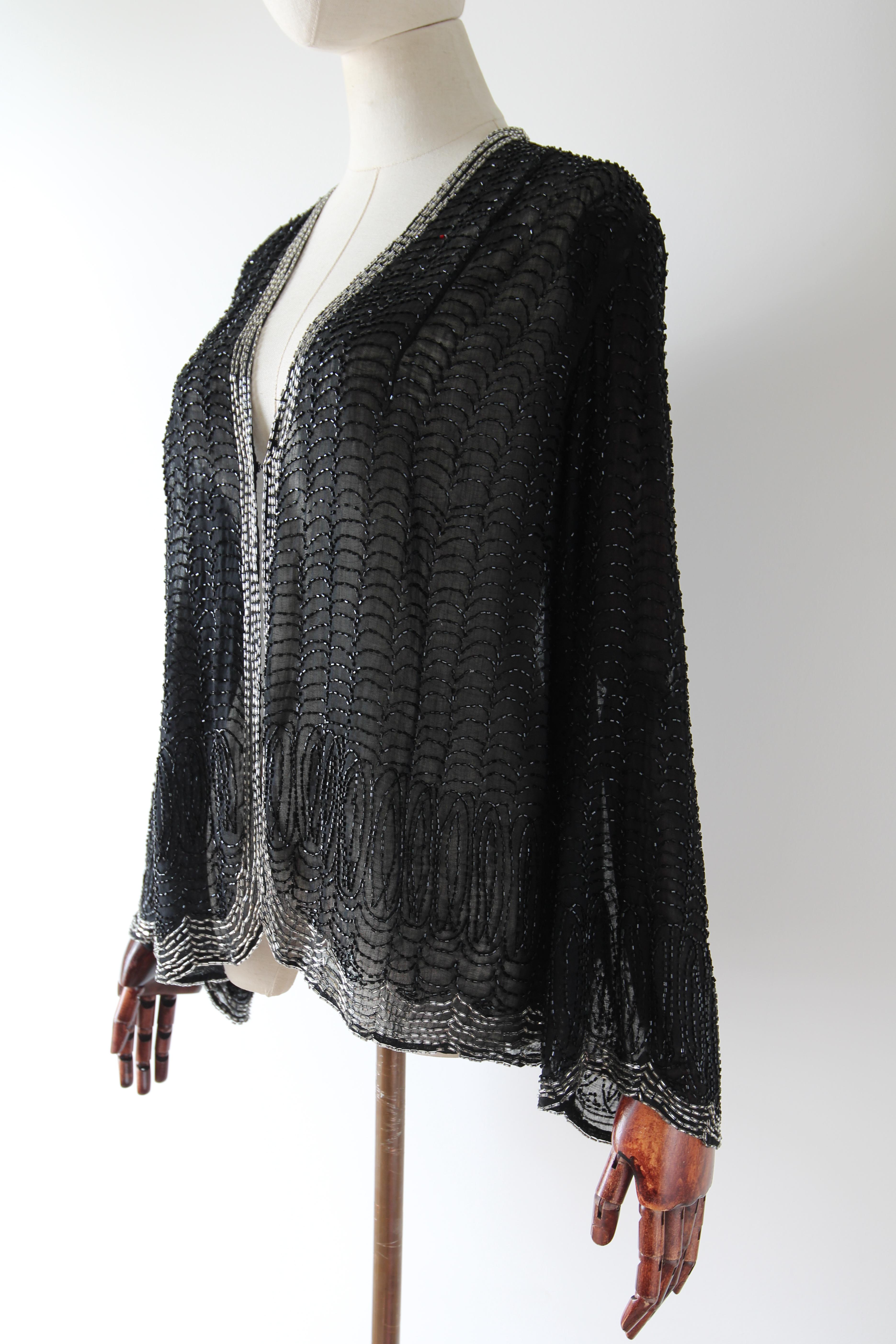 Vintage 1920's Black Beaded Jacket Silver Flapper silver beaded Jacket UK 8 US 4 For Sale 3
