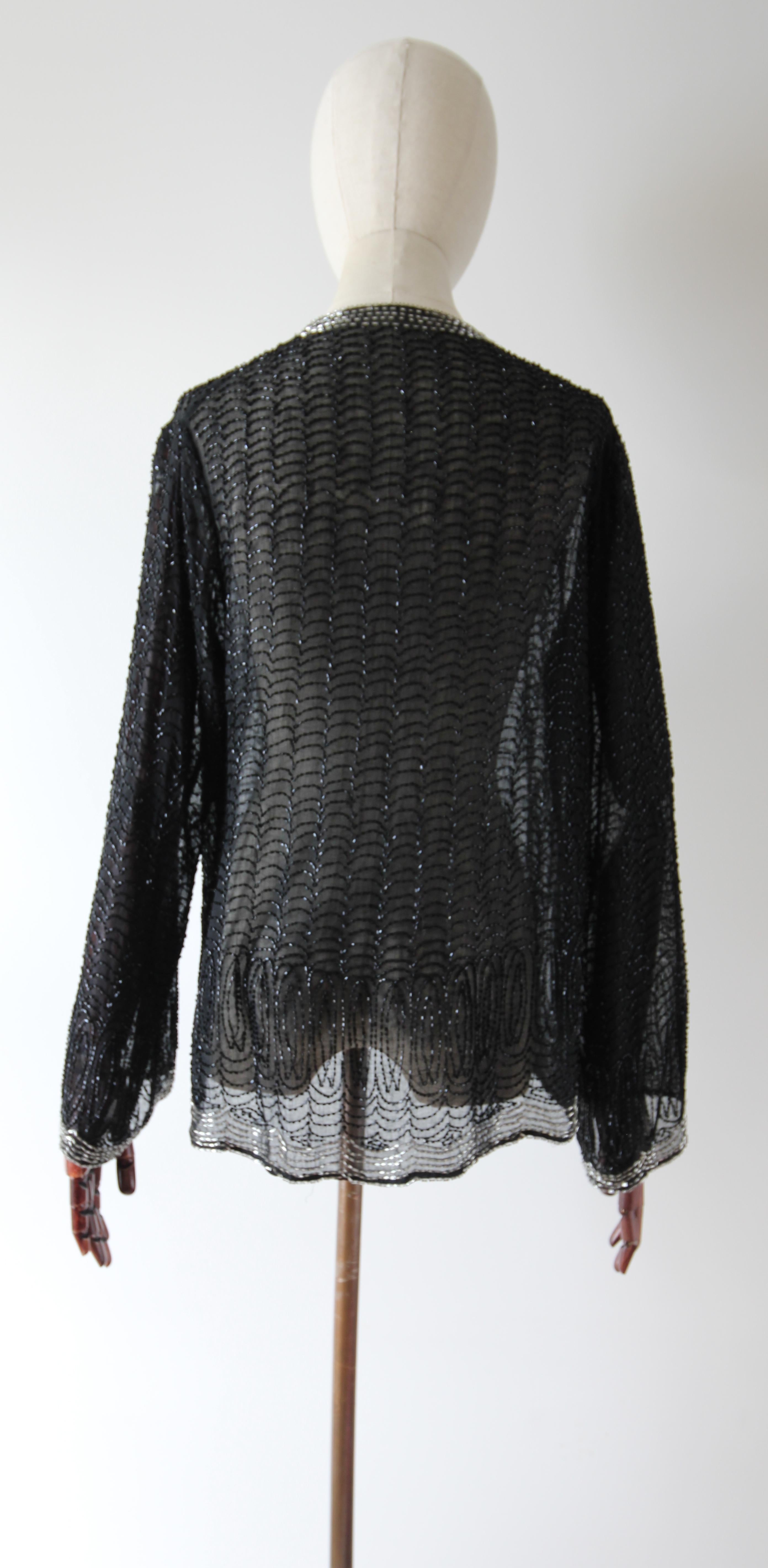 Vintage 1920's Black Beaded Jacket Silver Flapper silver beaded Jacket UK 8 US 4 For Sale 4