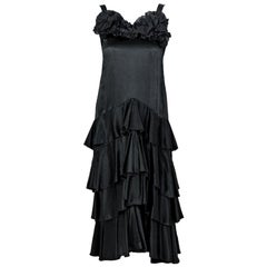 Vintage 1920's Black Pleated Silk-Satin Tiered Ruffle Flapper Art-Deco Dress