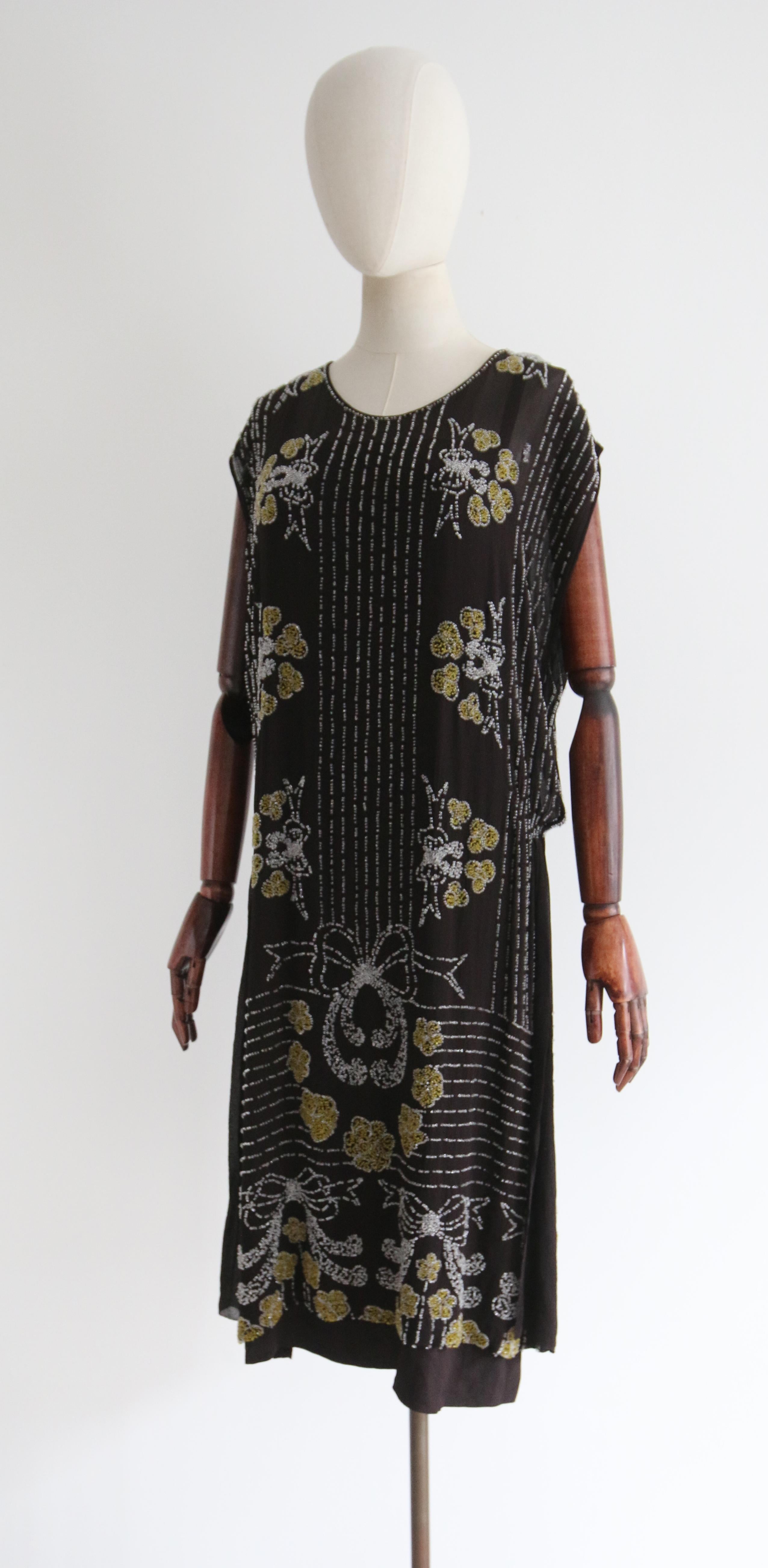 Vintage 1920's Black Silk Chiffon Beaded Bow Dress UK 12 US 8 For Sale 6
