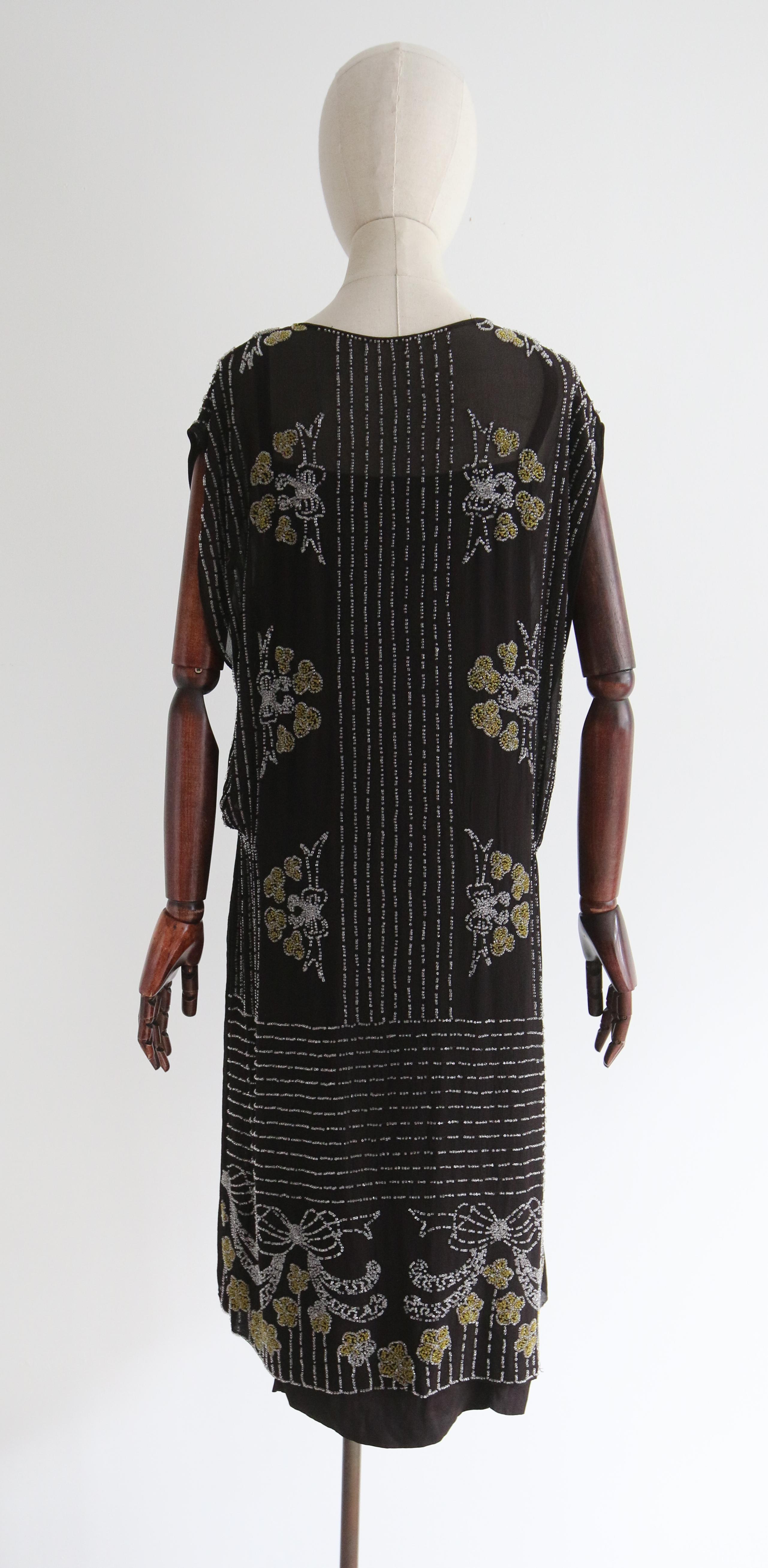 Vintage 1920's Black Silk Chiffon Beaded Bow Dress UK 12 US 8 For Sale 7