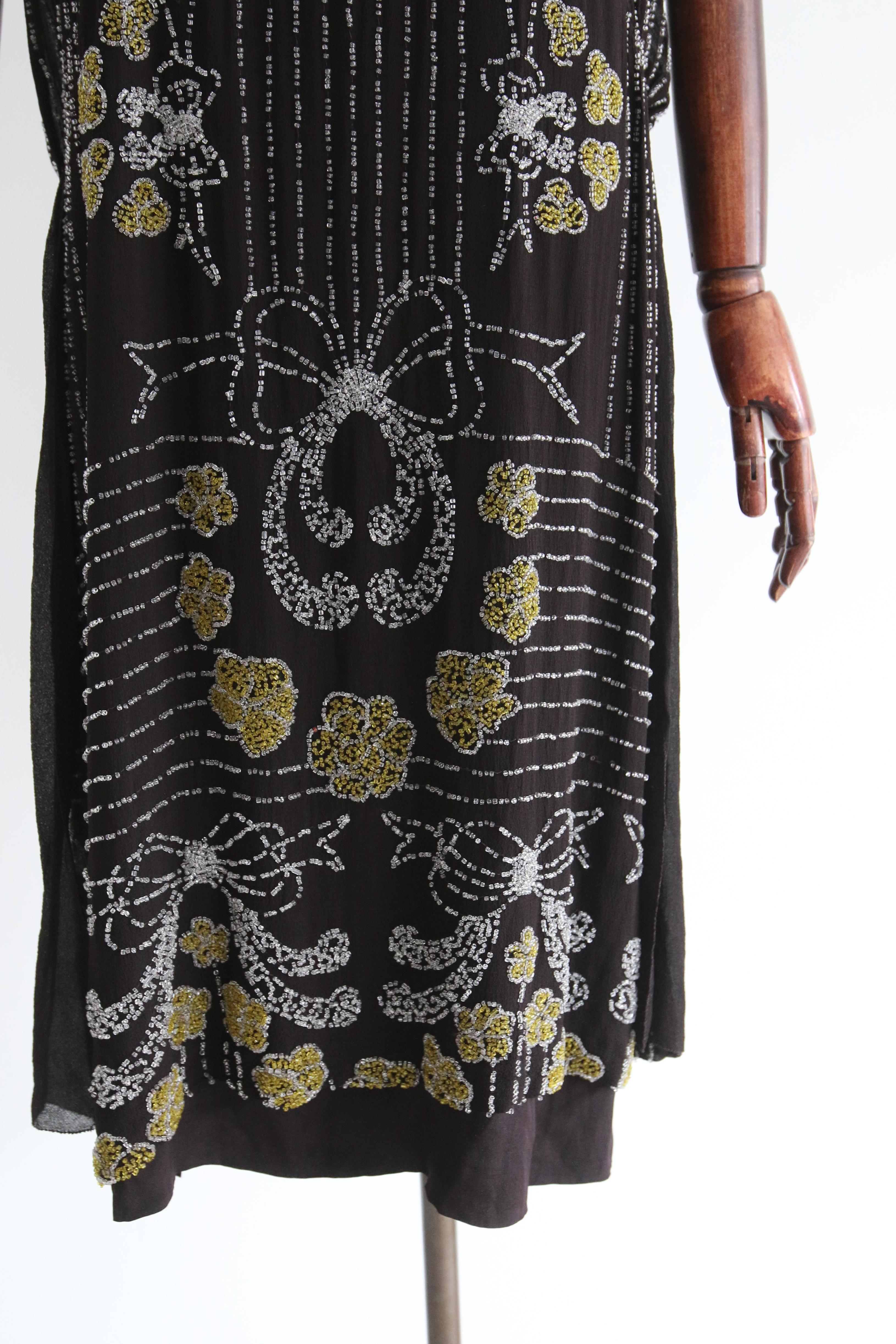 Women's or Men's Vintage 1920's Black Silk Chiffon Beaded Bow Dress UK 12 US 8 For Sale
