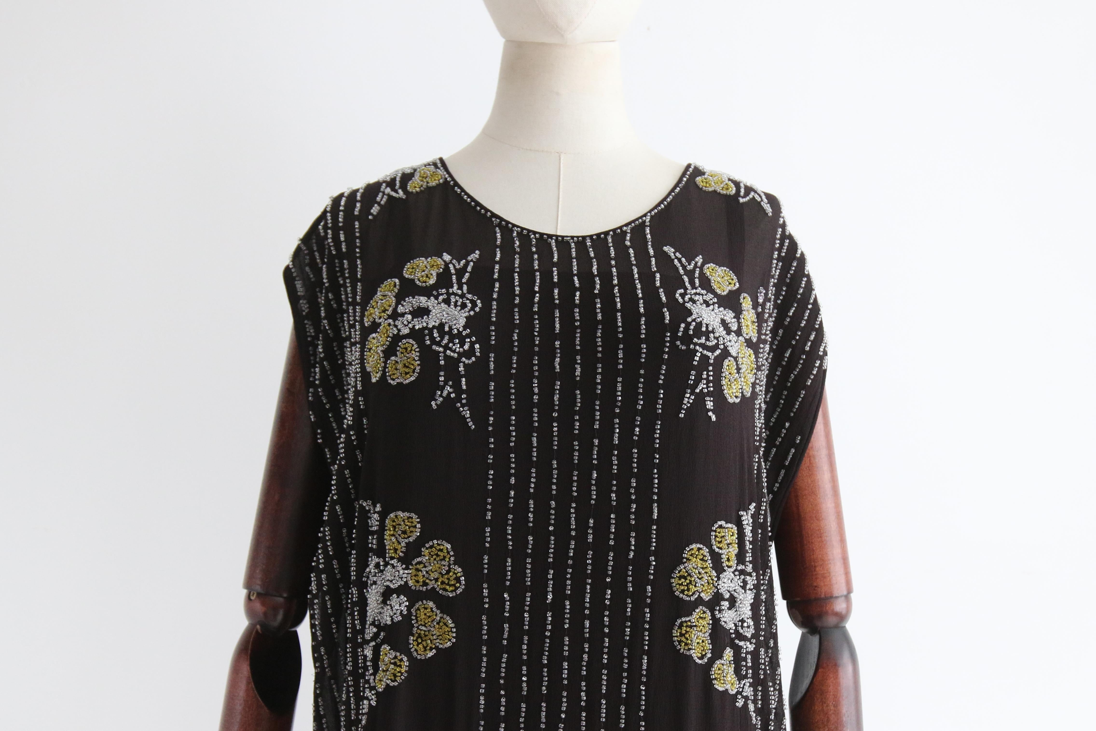 Vintage 1920's Black Silk Chiffon Beaded Bow Dress UK 12 US 8 For Sale 1