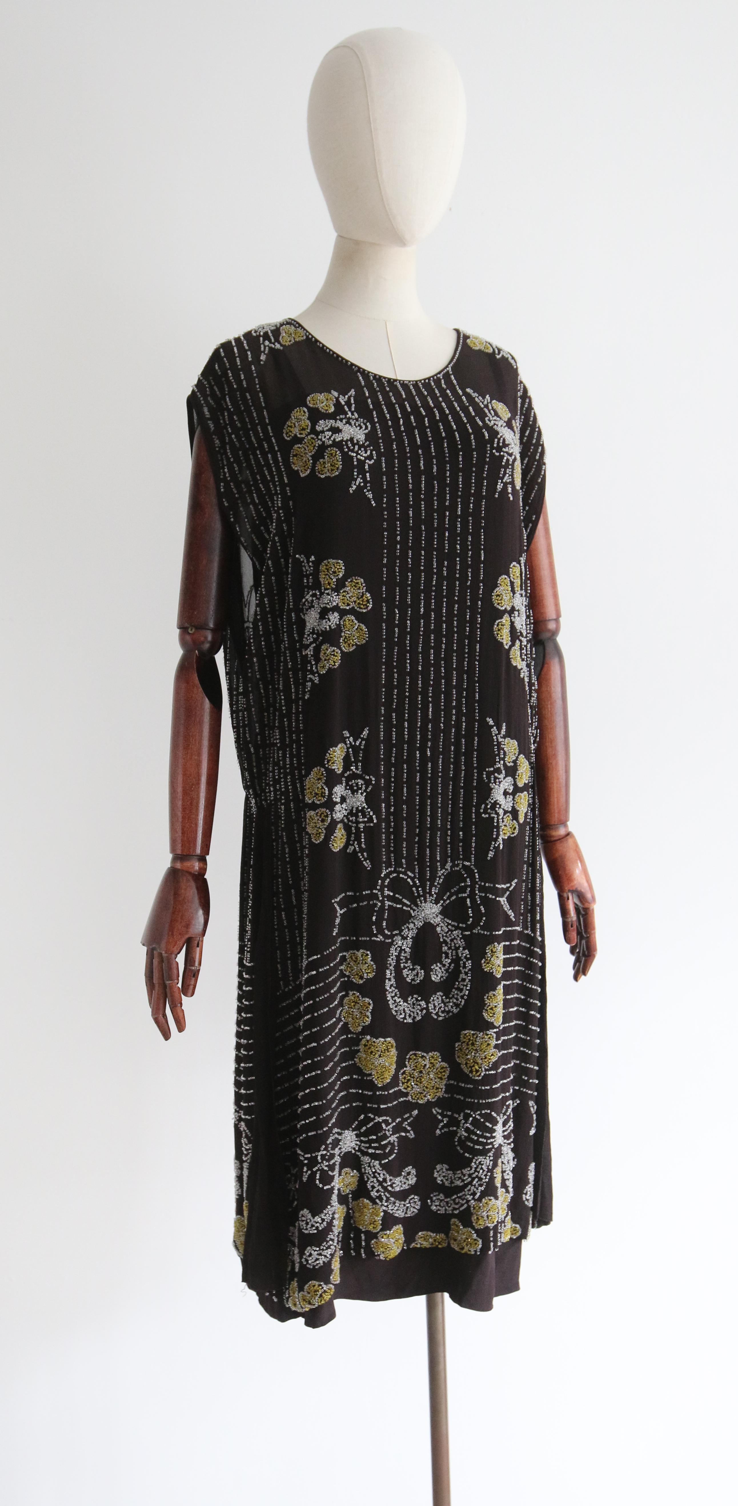 Vintage 1920's Black Silk Chiffon Beaded Bow Dress UK 12 US 8 For Sale 3