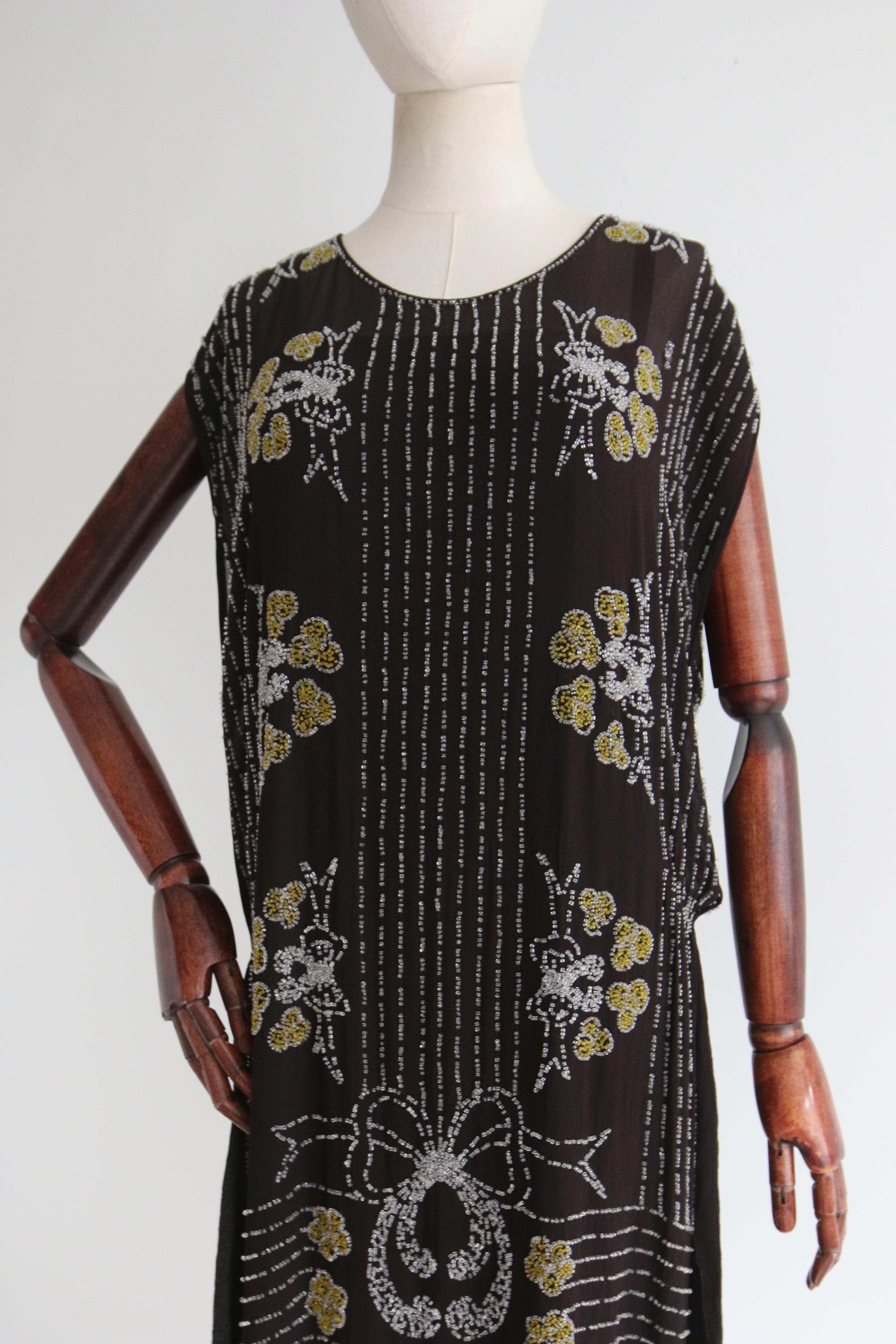 Vintage 1920's Black Silk Chiffon Beaded Bow Dress UK 12 US 8 For Sale 4