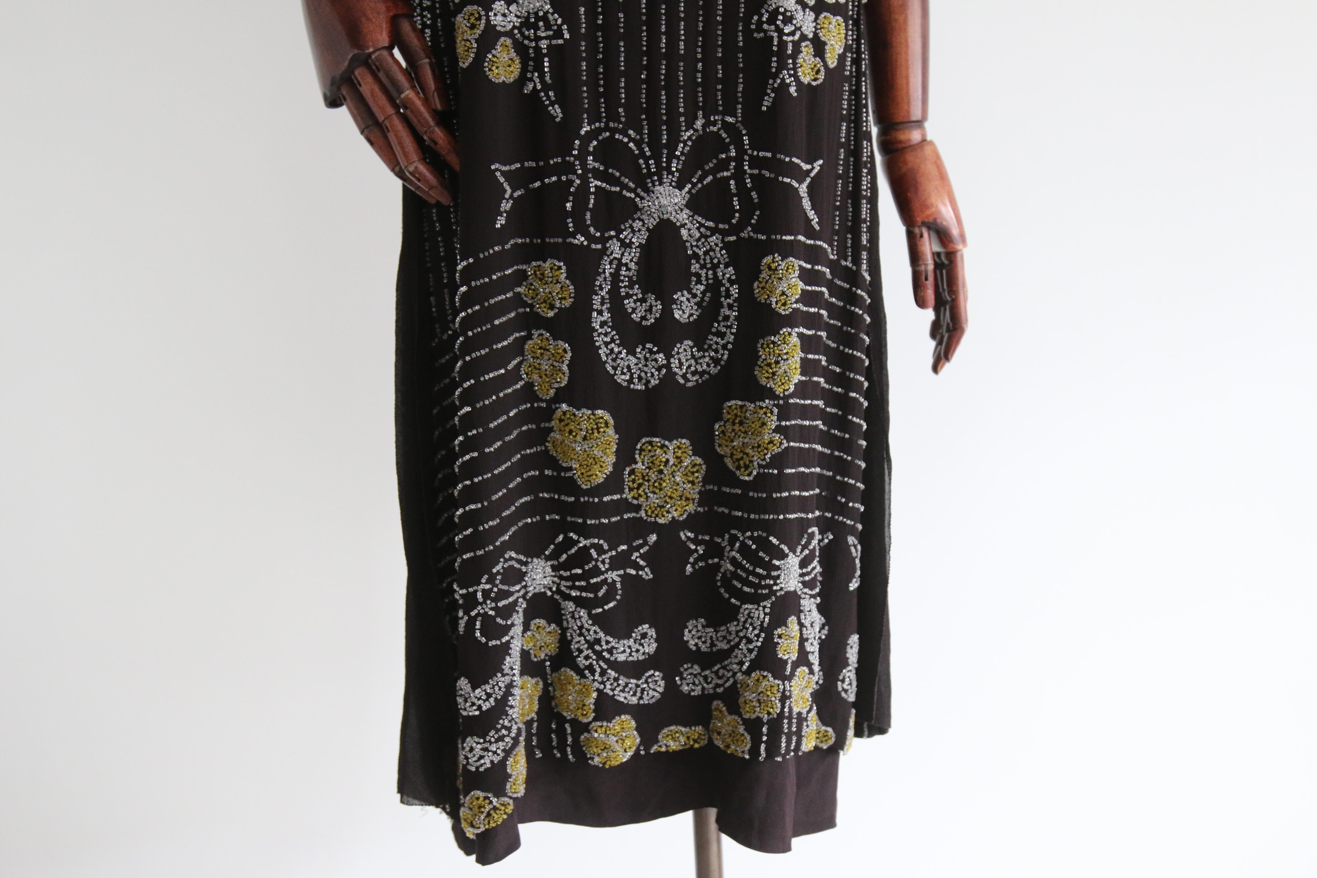 Vintage 1920's Black Silk Chiffon Beaded Bow Dress UK 12 US 8 For Sale 5