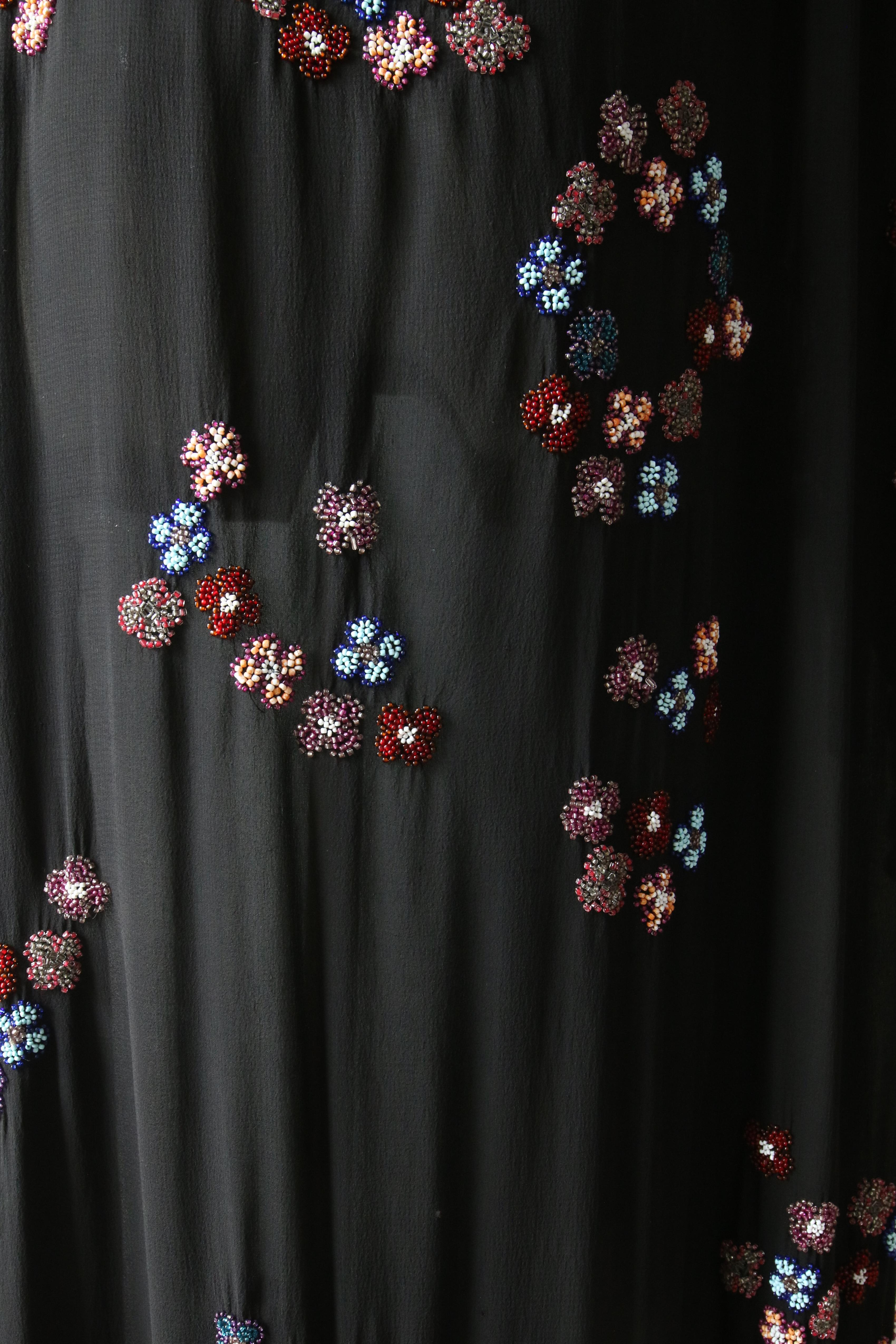Vintage 1920's black silk floral beaded evening dress with train daisy UK 14-18 5