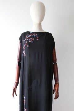 Vintage 1920's black silk floral beaded evening dress with train daisy UK 14-18