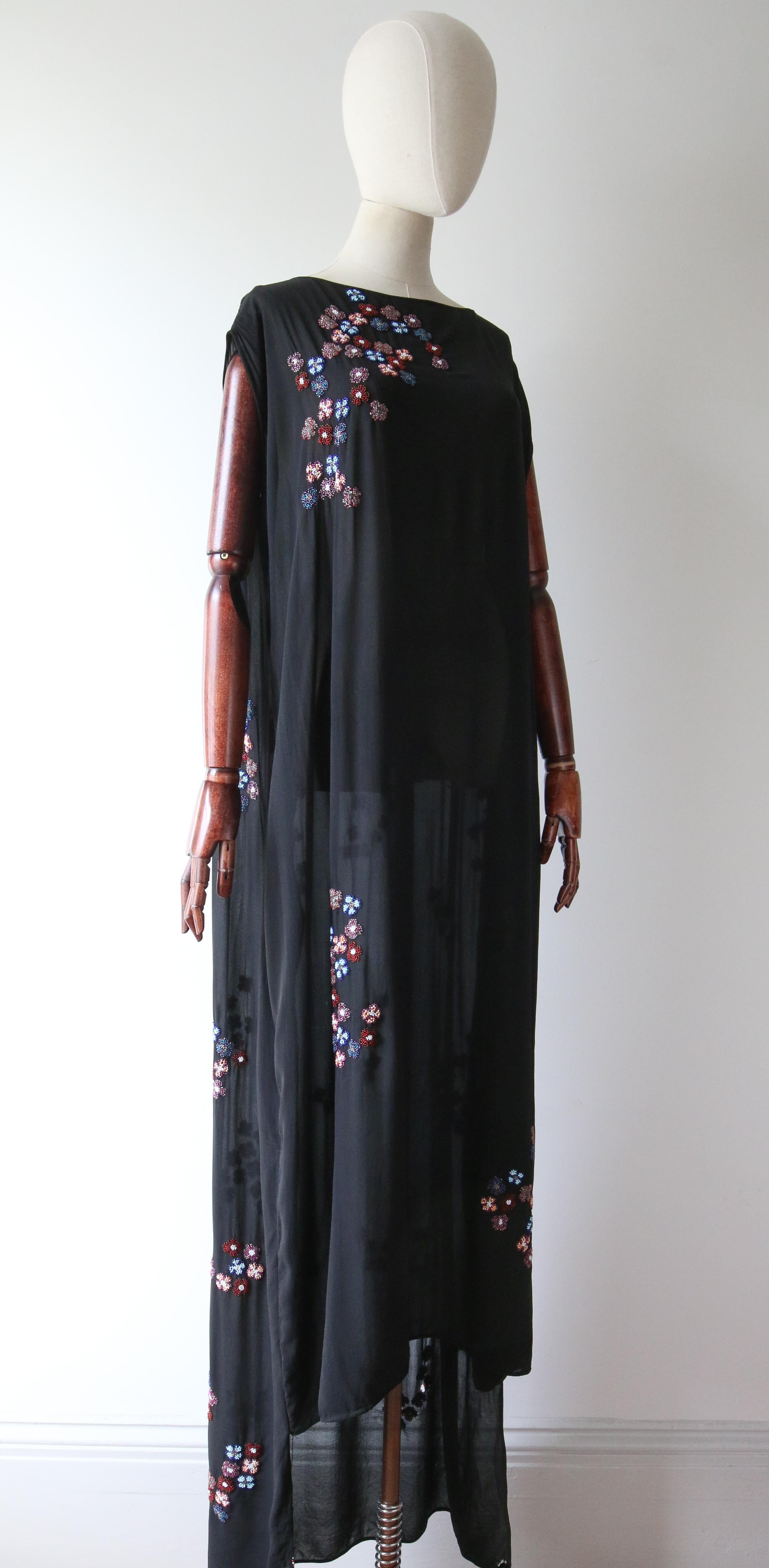 Women's or Men's Vintage 1920's black silk floral beaded evening dress with train daisy UK 14-18