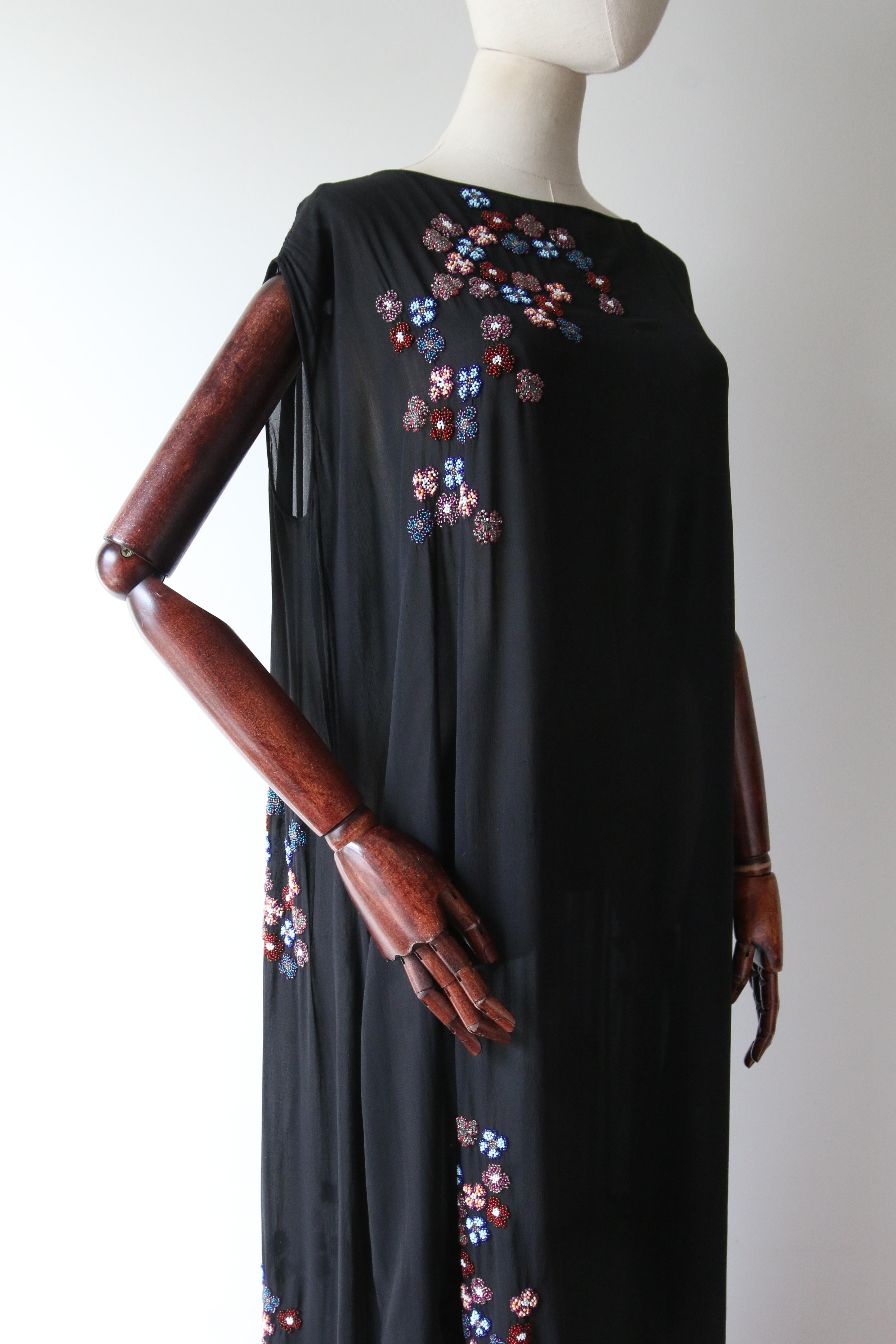 Vintage 1920's black silk floral beaded evening dress with train daisy UK 14-18 1