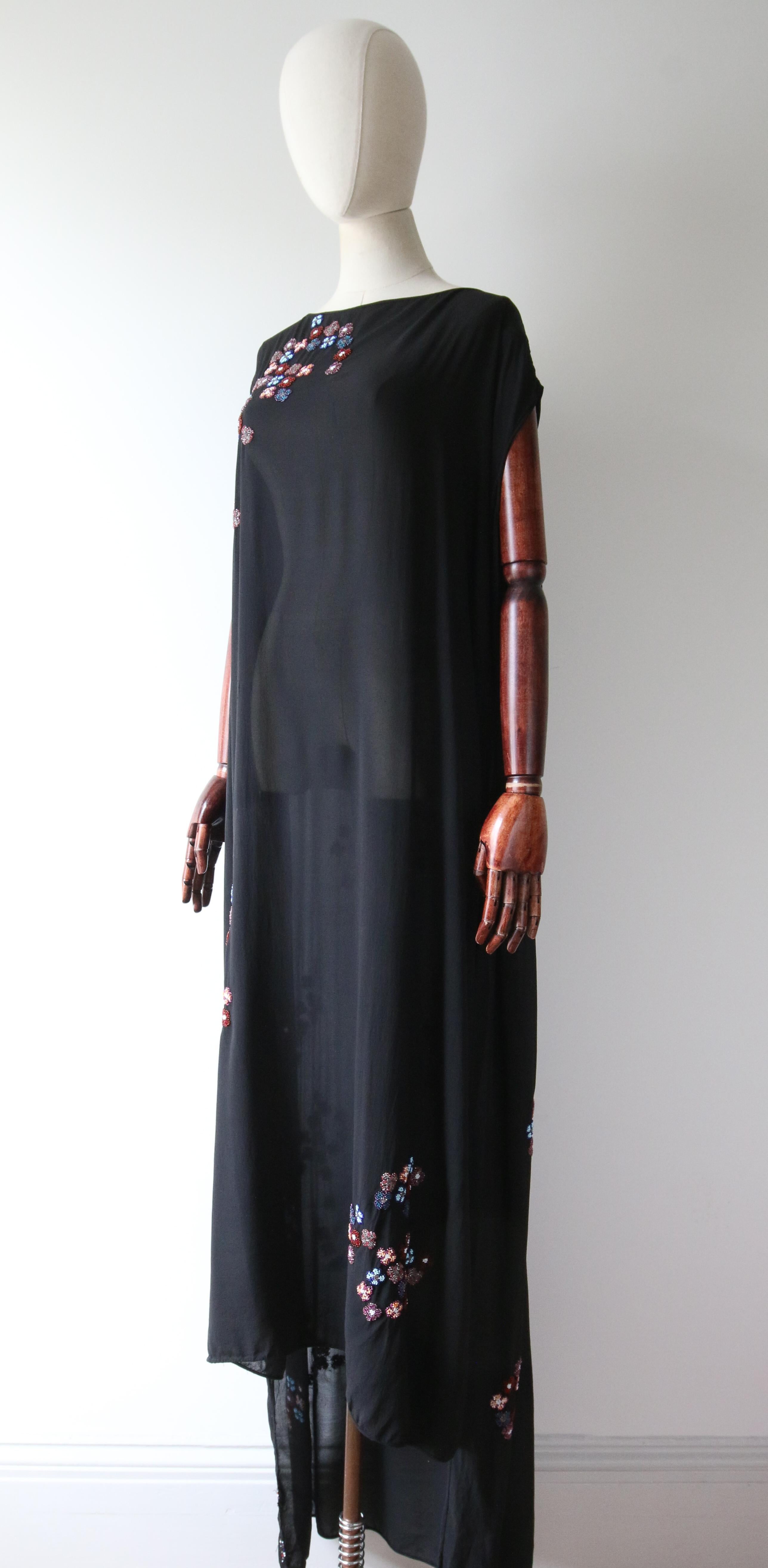 Vintage 1920's black silk floral beaded evening dress with train daisy UK 14-18 2