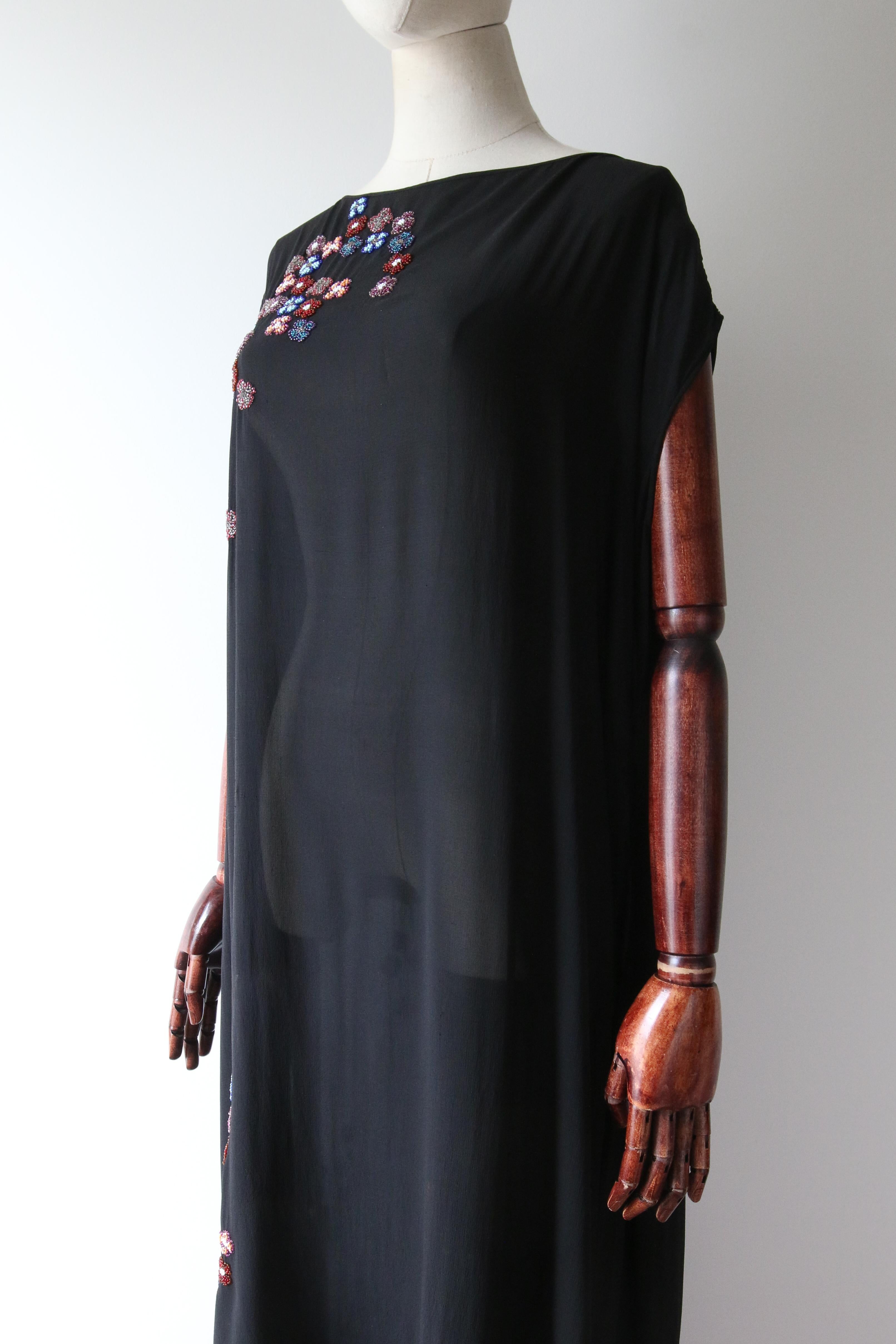 Vintage 1920's black silk floral beaded evening dress with train daisy UK 14-18 3