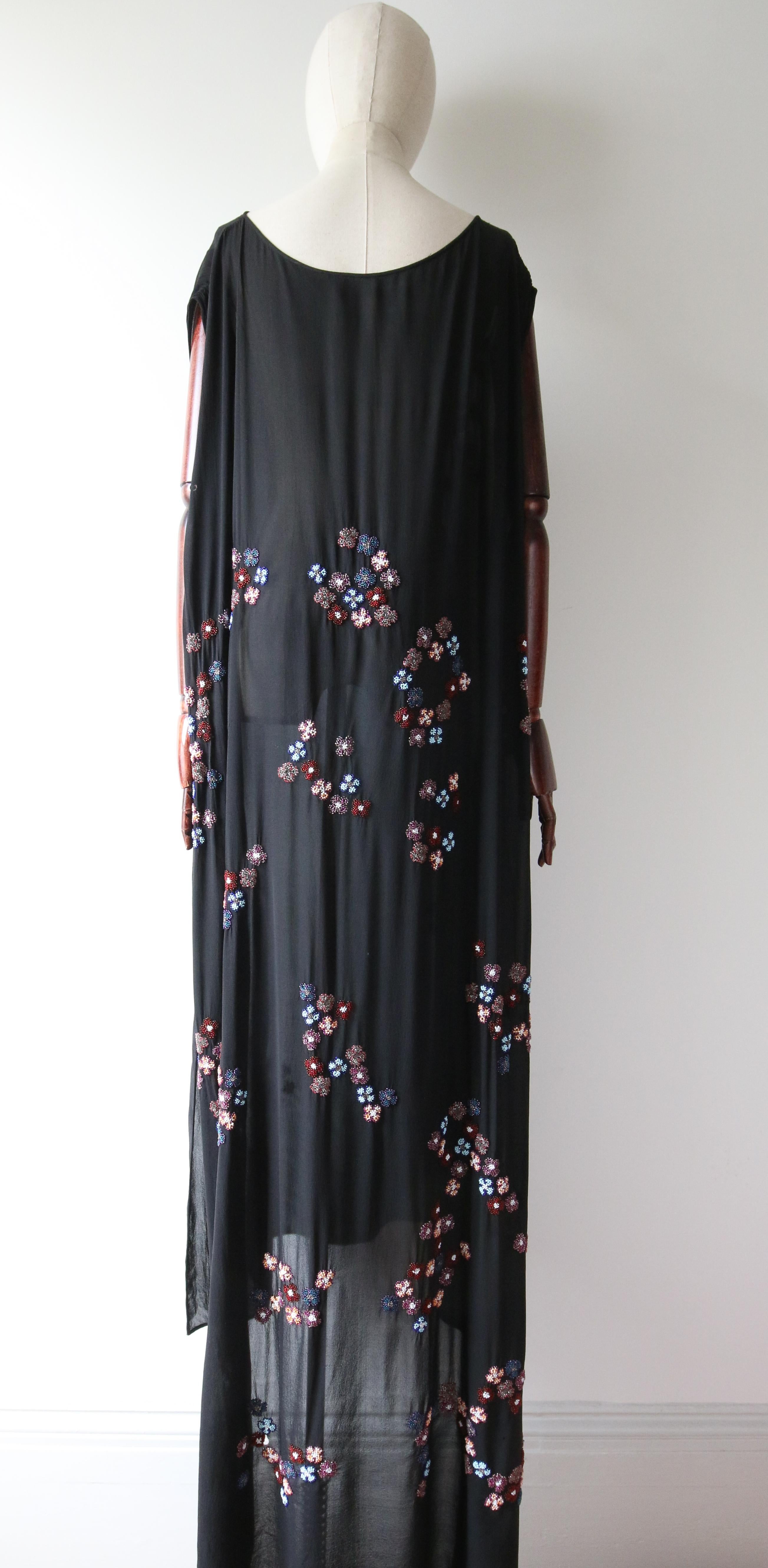 Vintage 1920's black silk floral beaded evening dress with train daisy UK 14-18 4