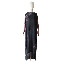 Used 1920's black silk floral beaded evening dress with train daisy UK 14-18 