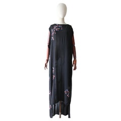Vintage 1920's black silk floral beaded evening dress with train daisy UK 14-18