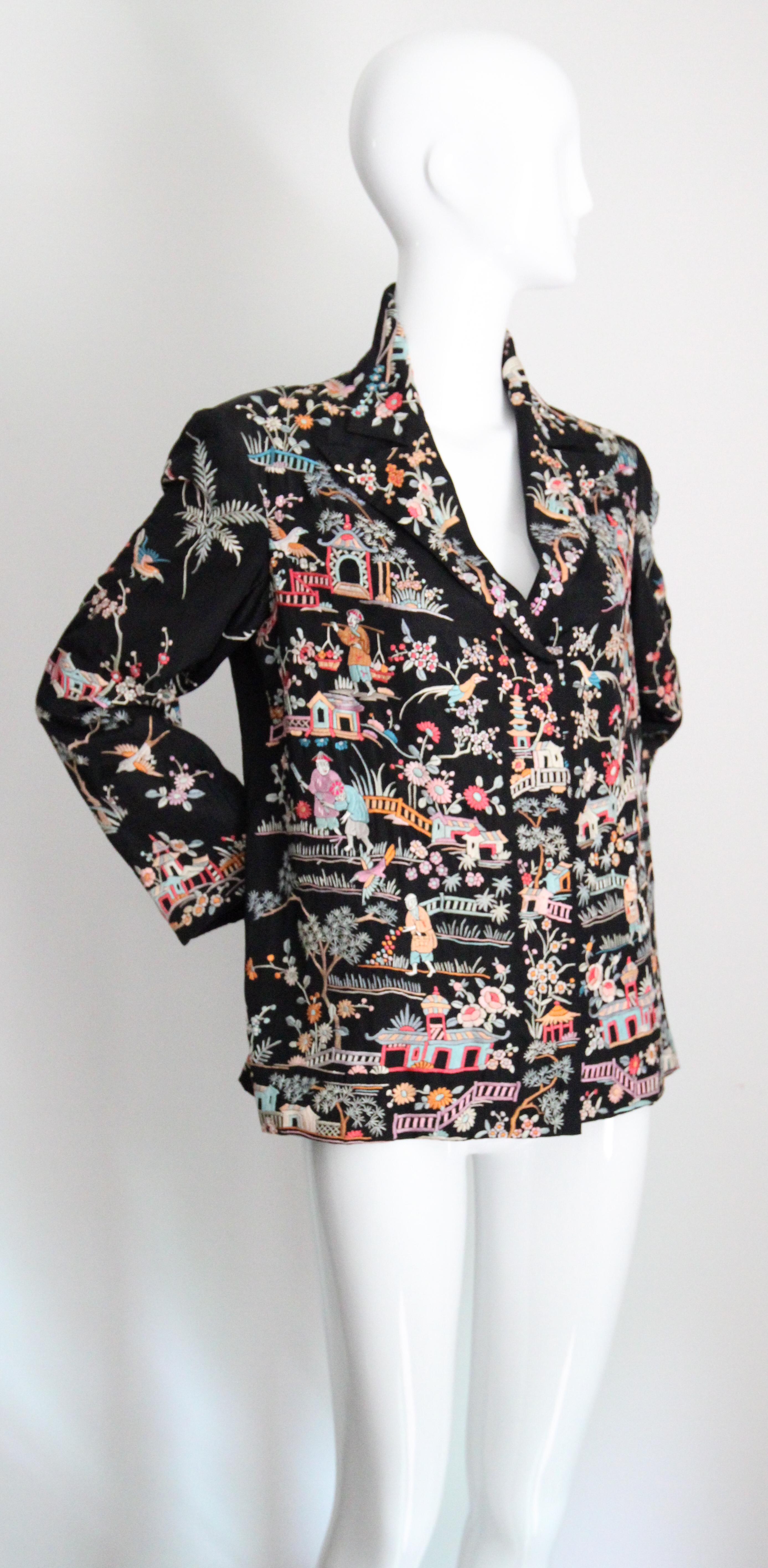 Vintage 1920's black silk floral embroidered jacket canton embroidery UK 10-14 For Sale 1