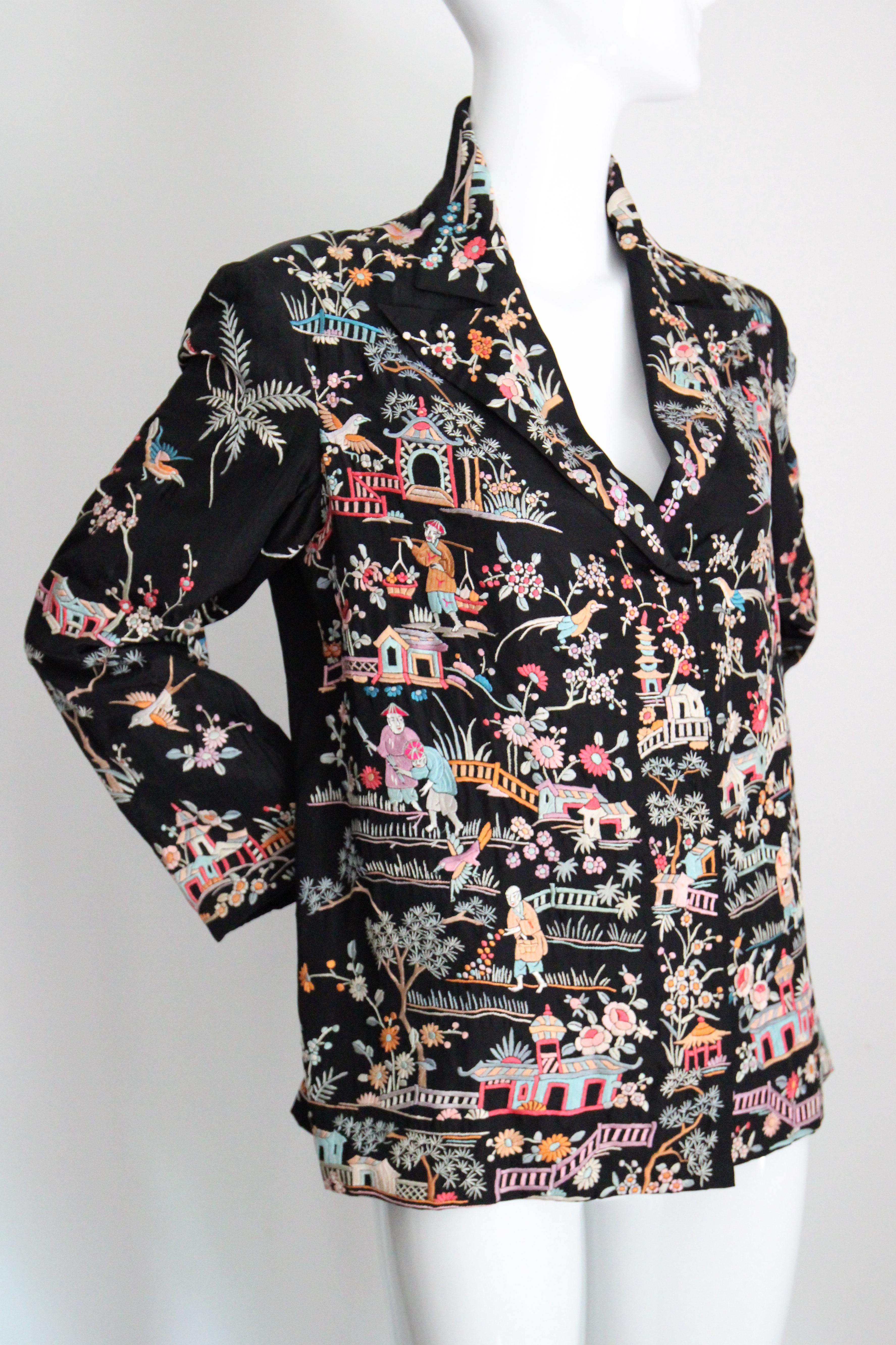 Vintage 1920's black silk floral embroidered jacket canton embroidery UK 10-14 For Sale 2