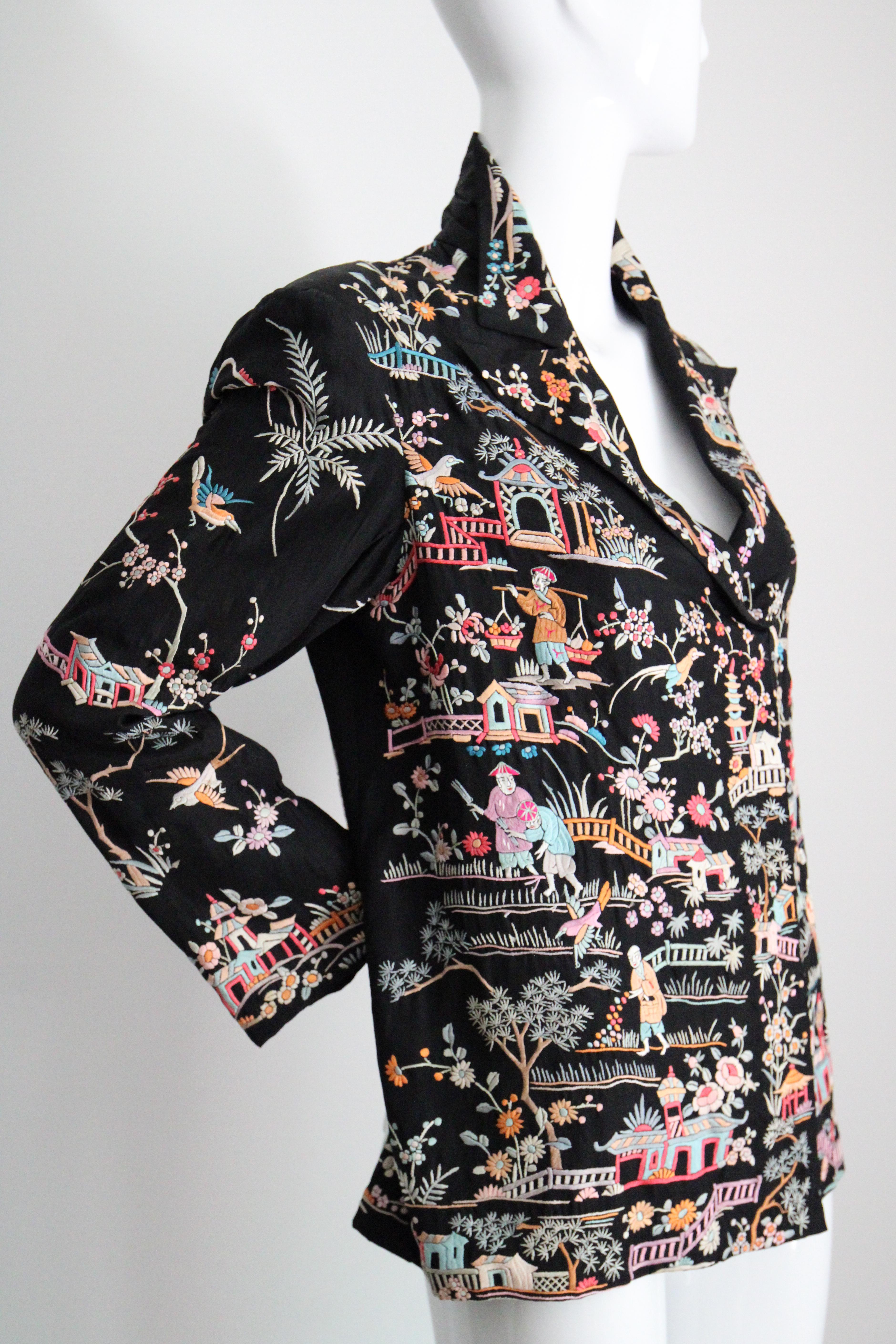 Vintage 1920's black silk floral embroidered jacket canton embroidery UK 10-14 For Sale 3