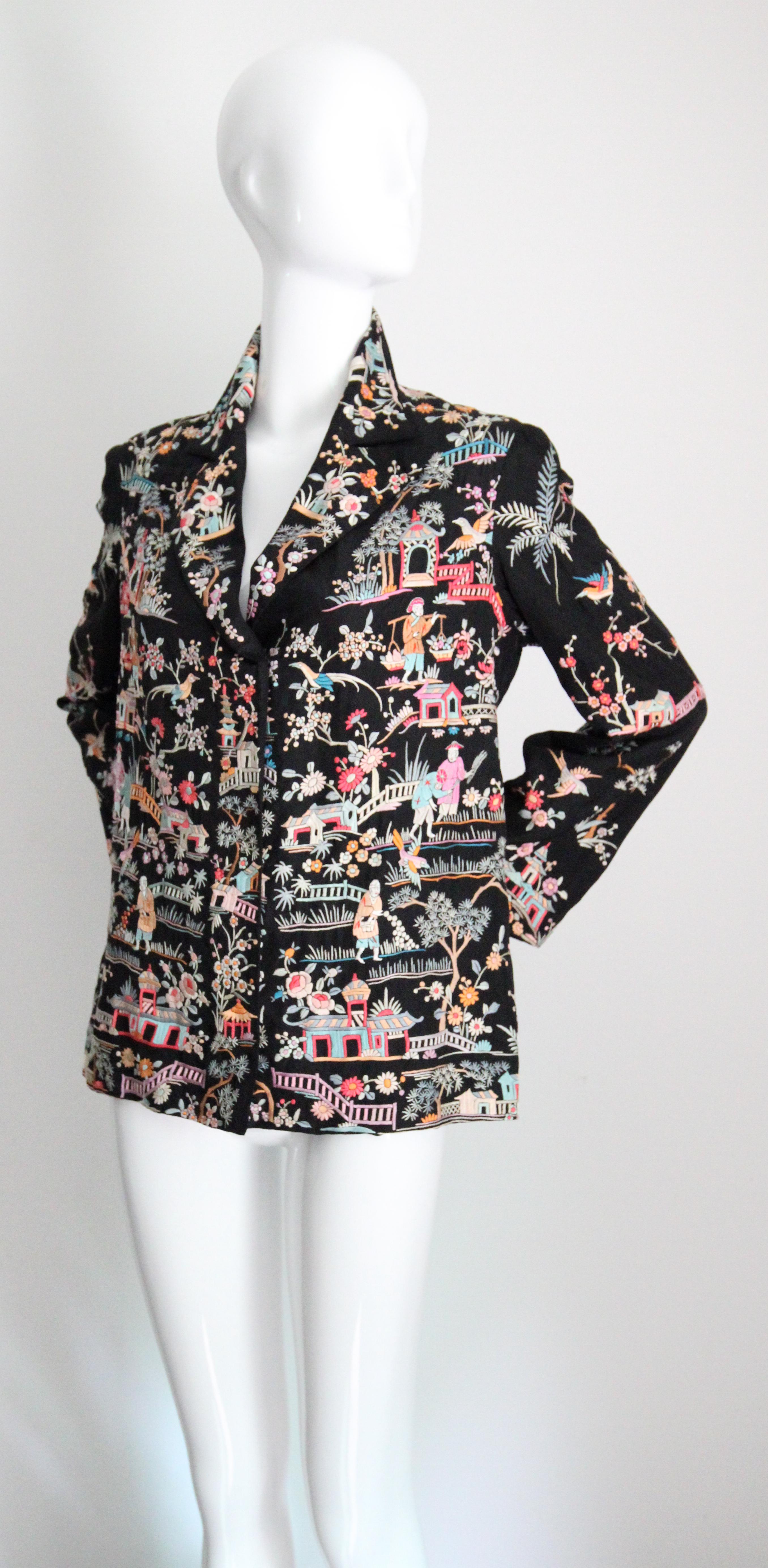Vintage 1920's black silk floral embroidered jacket canton embroidery UK 10-14 For Sale 4
