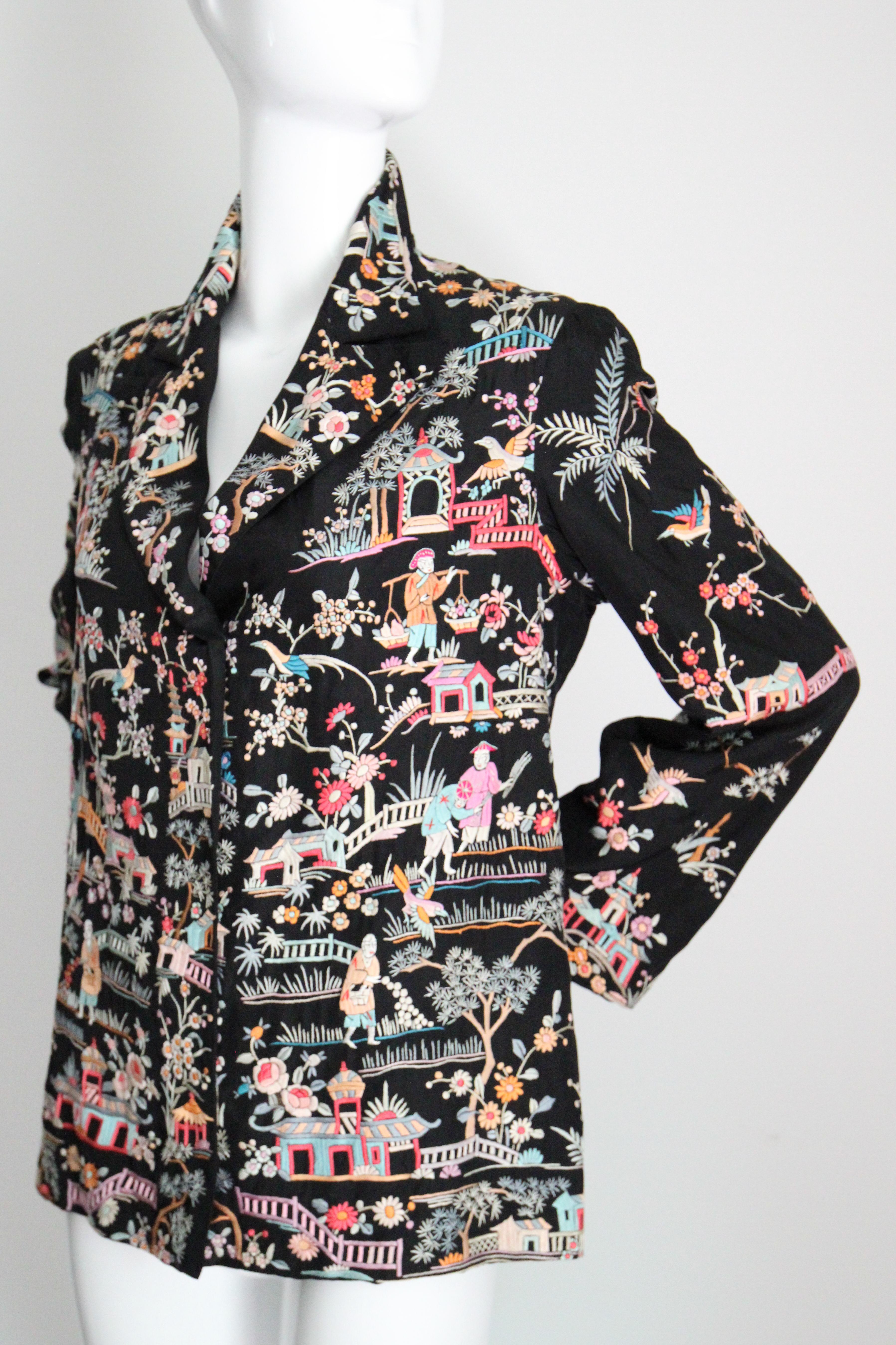 Vintage 1920's black silk floral embroidered jacket canton embroidery UK 10-14 For Sale 5