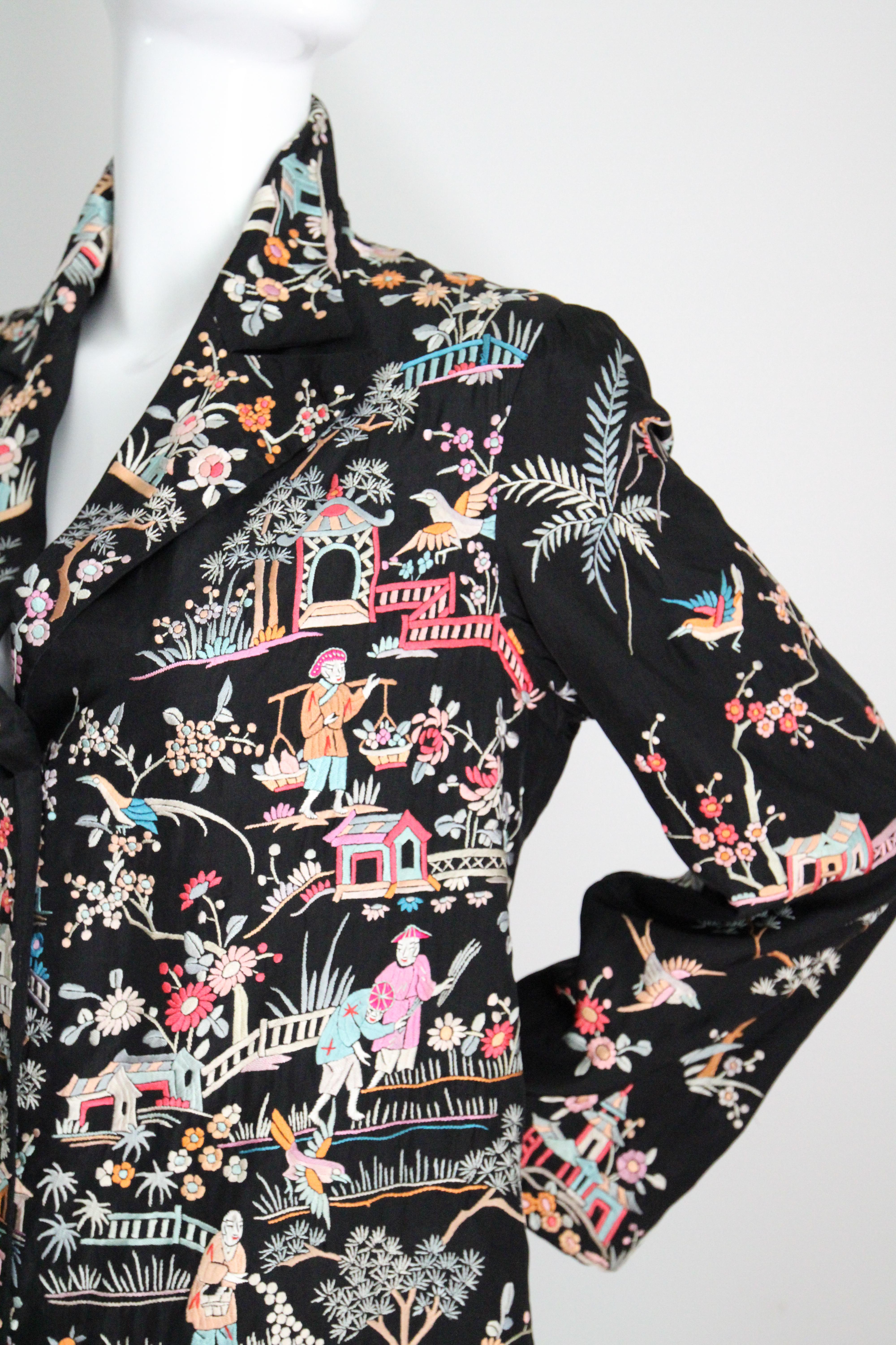 Vintage 1920's black silk floral embroidered jacket canton embroidery UK 10-14 For Sale 6