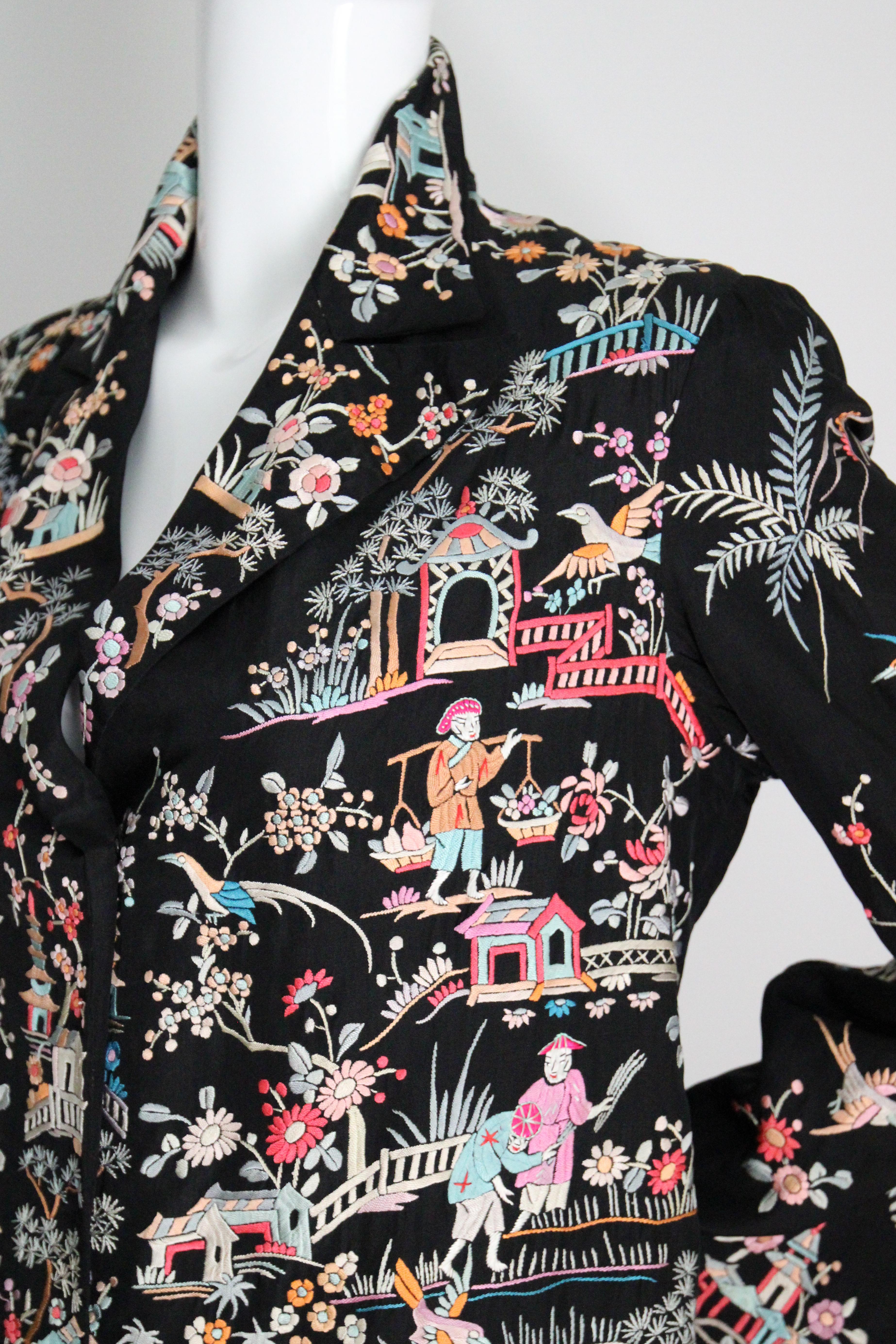 Vintage 1920's black silk floral embroidered jacket canton embroidery UK 10-14 For Sale 7