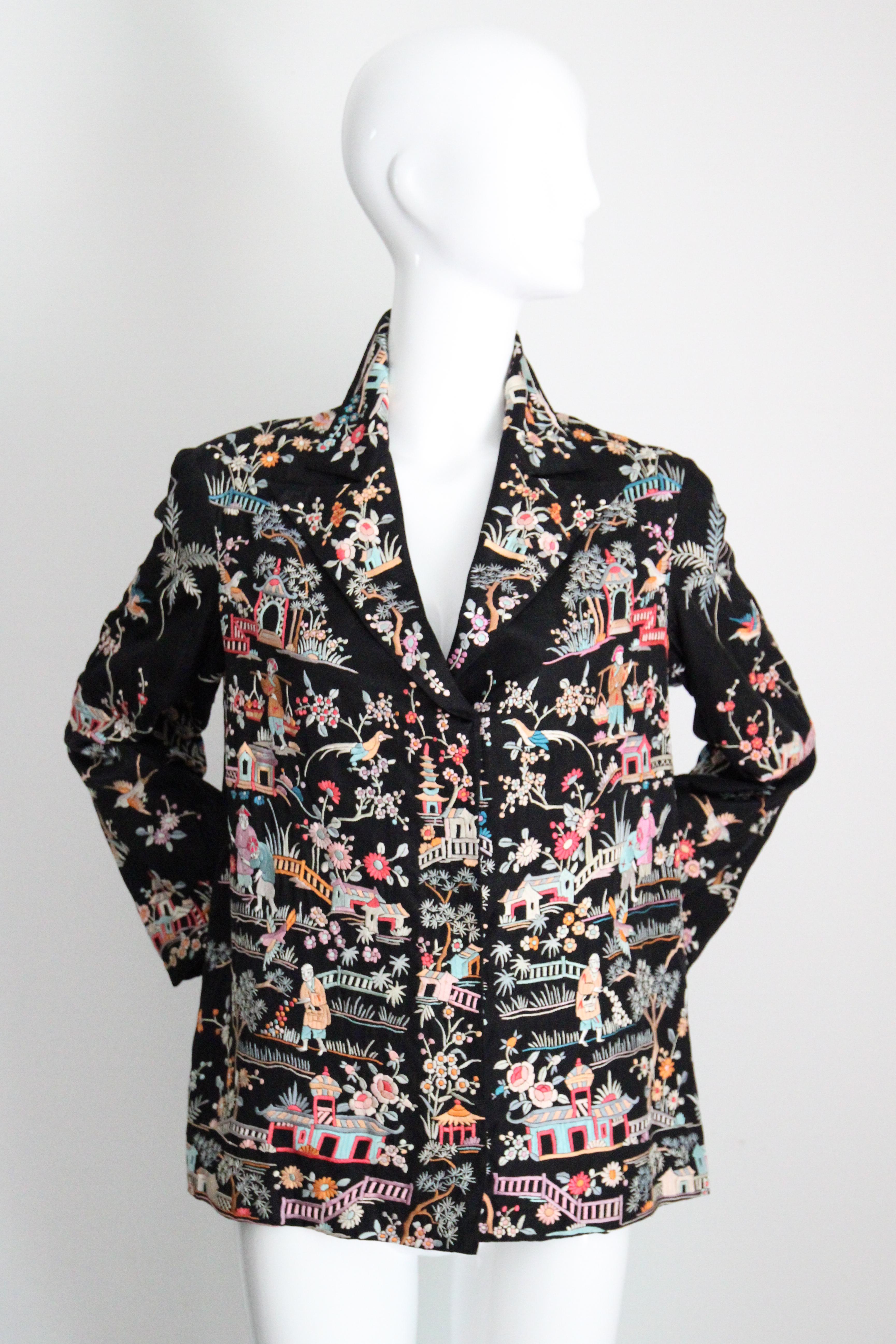 Black Vintage 1920's black silk floral embroidered jacket canton embroidery UK 10-14 For Sale