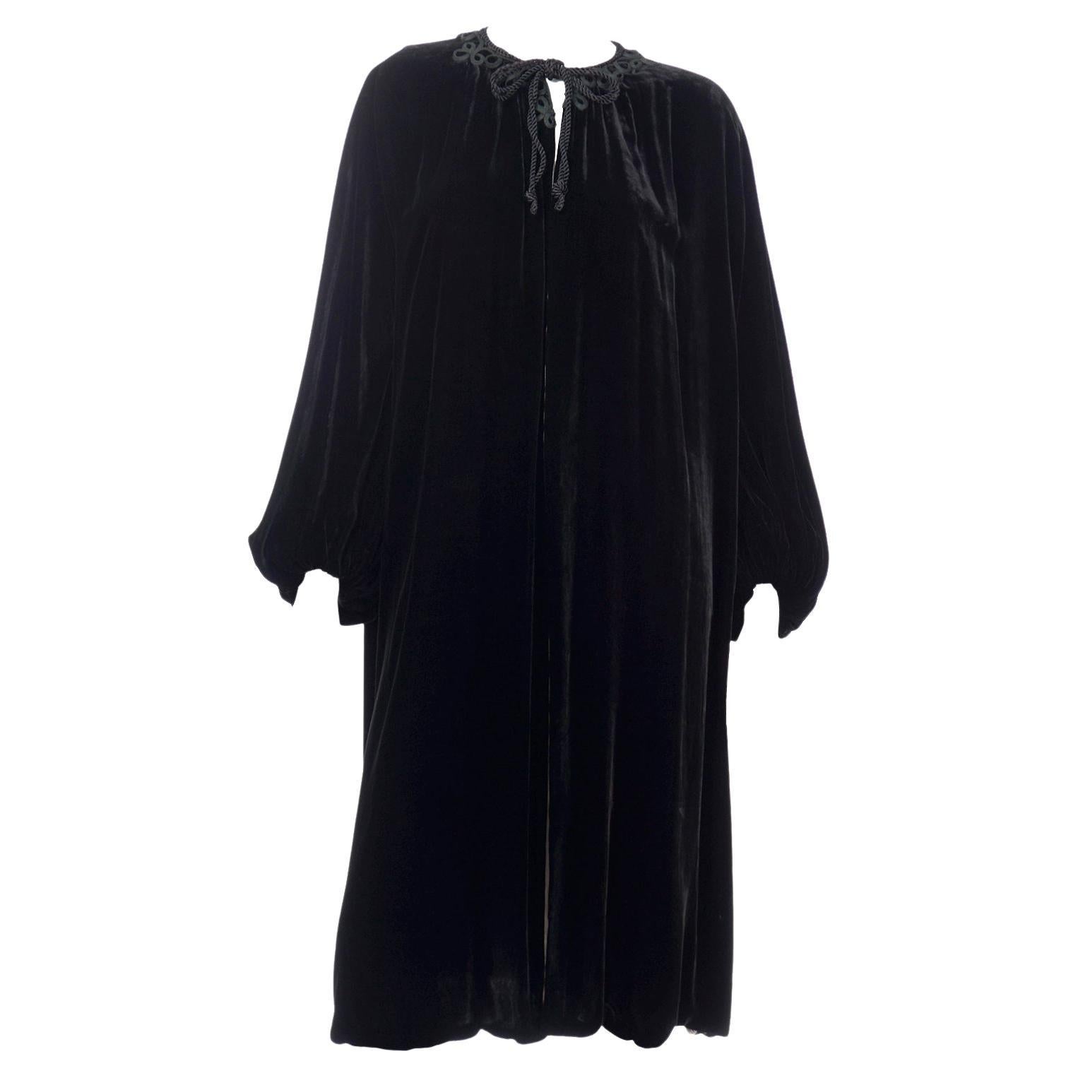 Vintage 1920's Black Silk Velvet Evening Coat w Soutache Trim For Sale