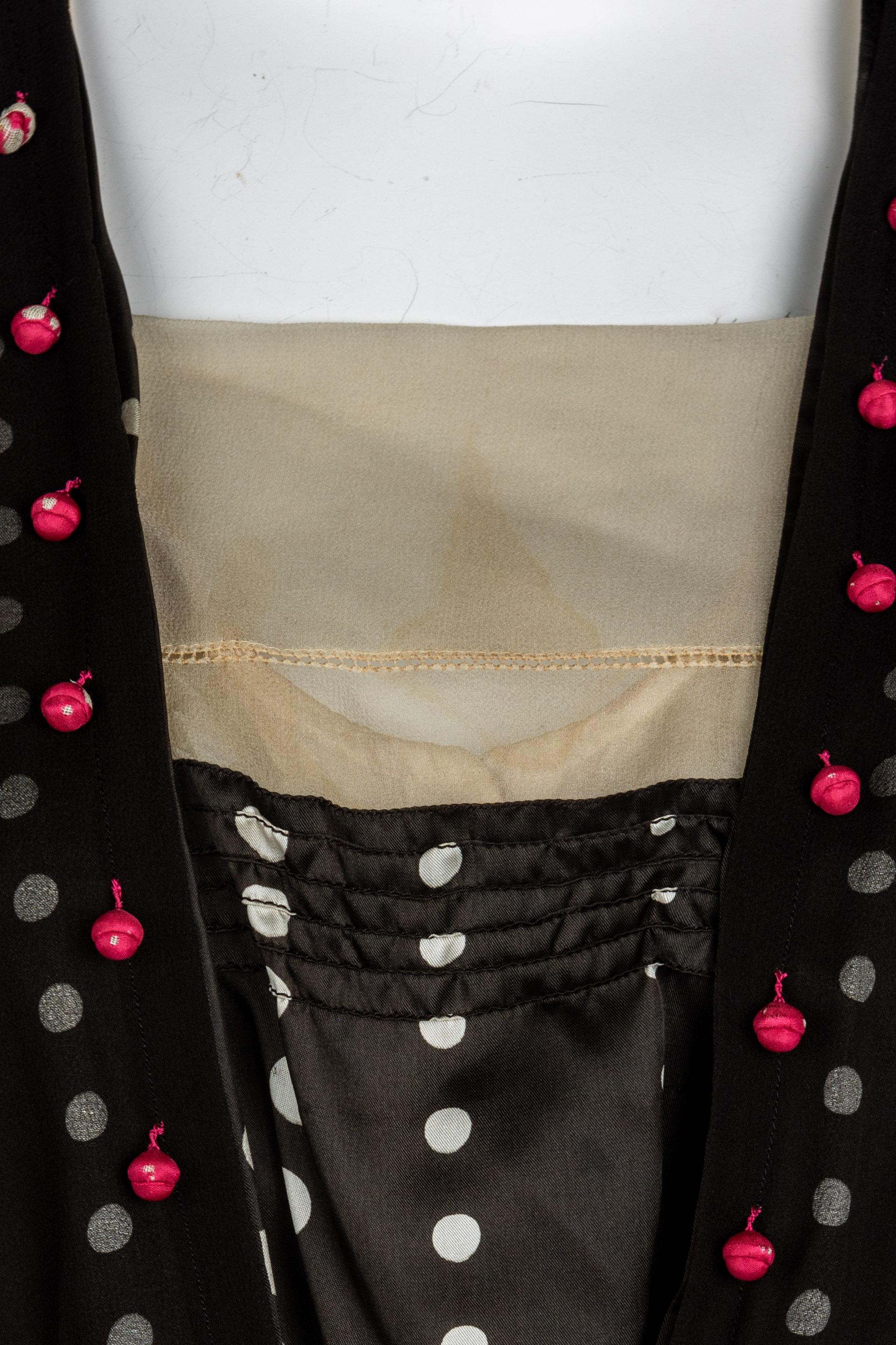 Vintage 1920s Black White Silk Dot Magenta Pom Pom Draped Dress For Sale 6
