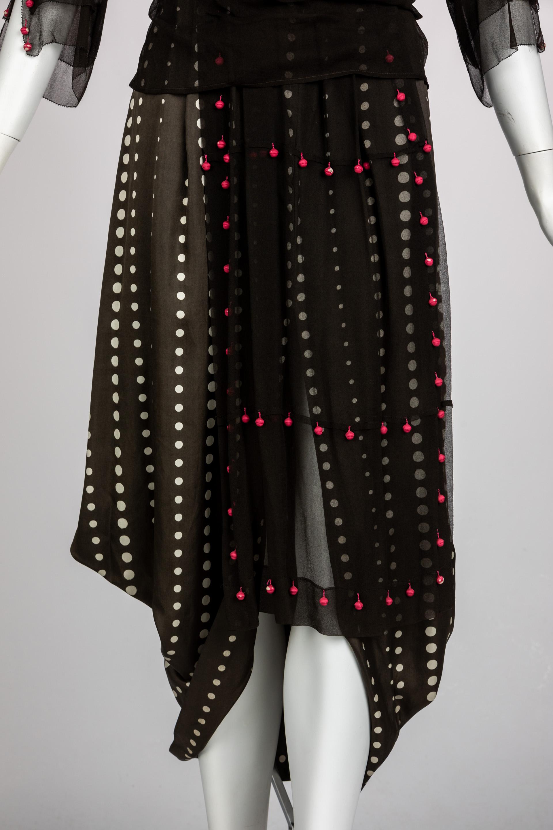 Vintage 1920s Black White Silk Dot Magenta Pom Pom Draped Dress For Sale 11