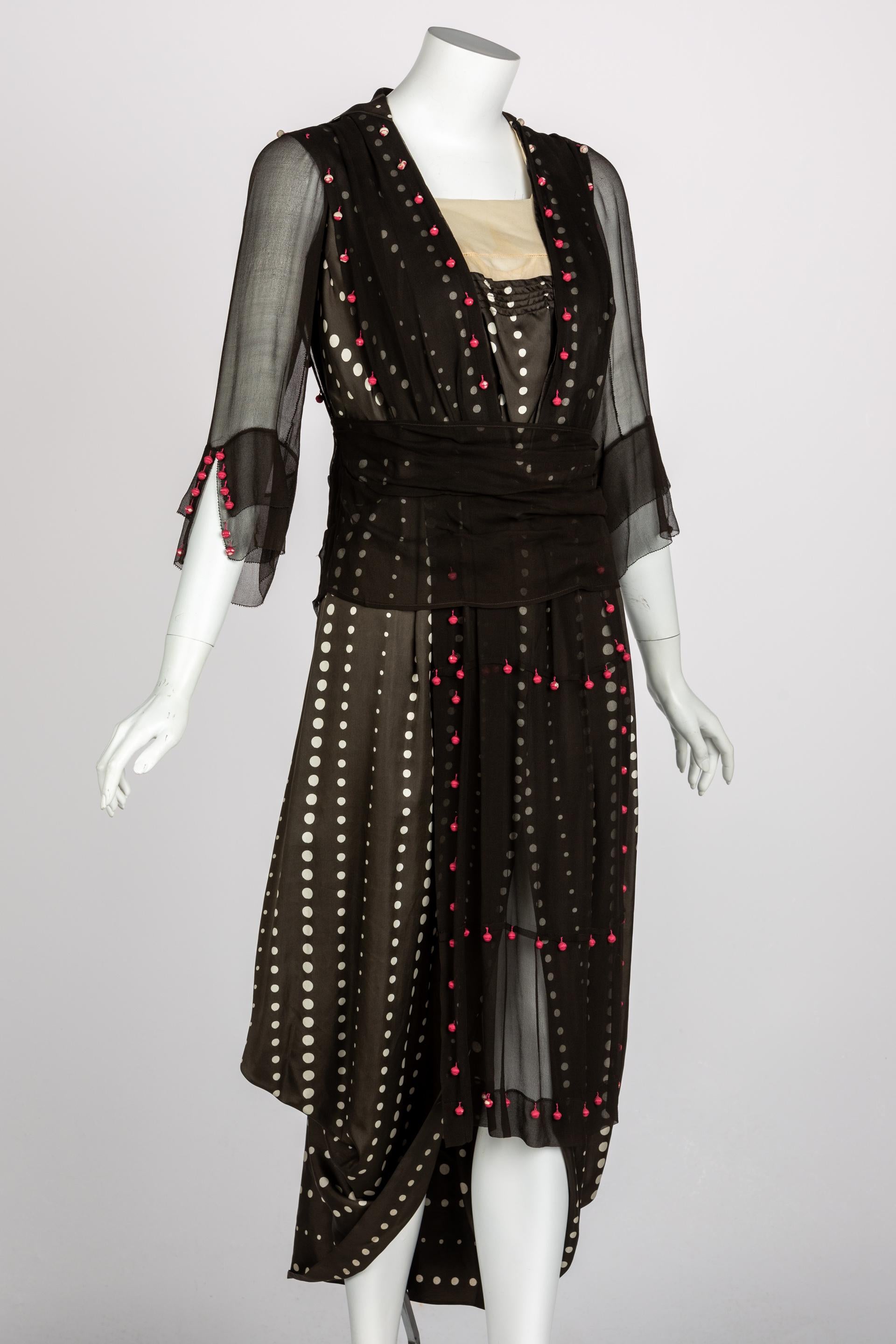 Vintage 1920s Black White Silk Dot Magenta Pom Pom Draped Dress In Good Condition For Sale In Boca Raton, FL