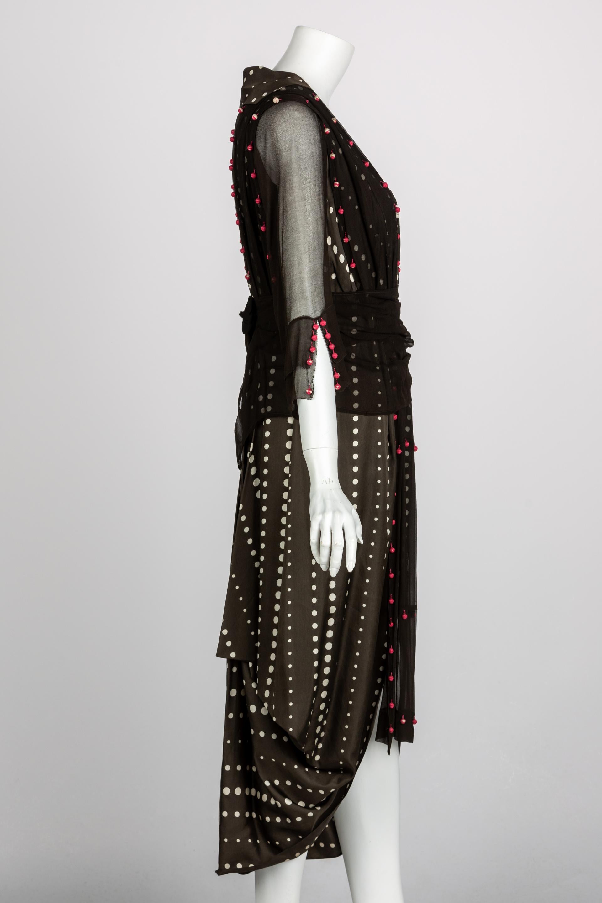 Women's Vintage 1920s Black White Silk Dot Magenta Pom Pom Draped Dress For Sale