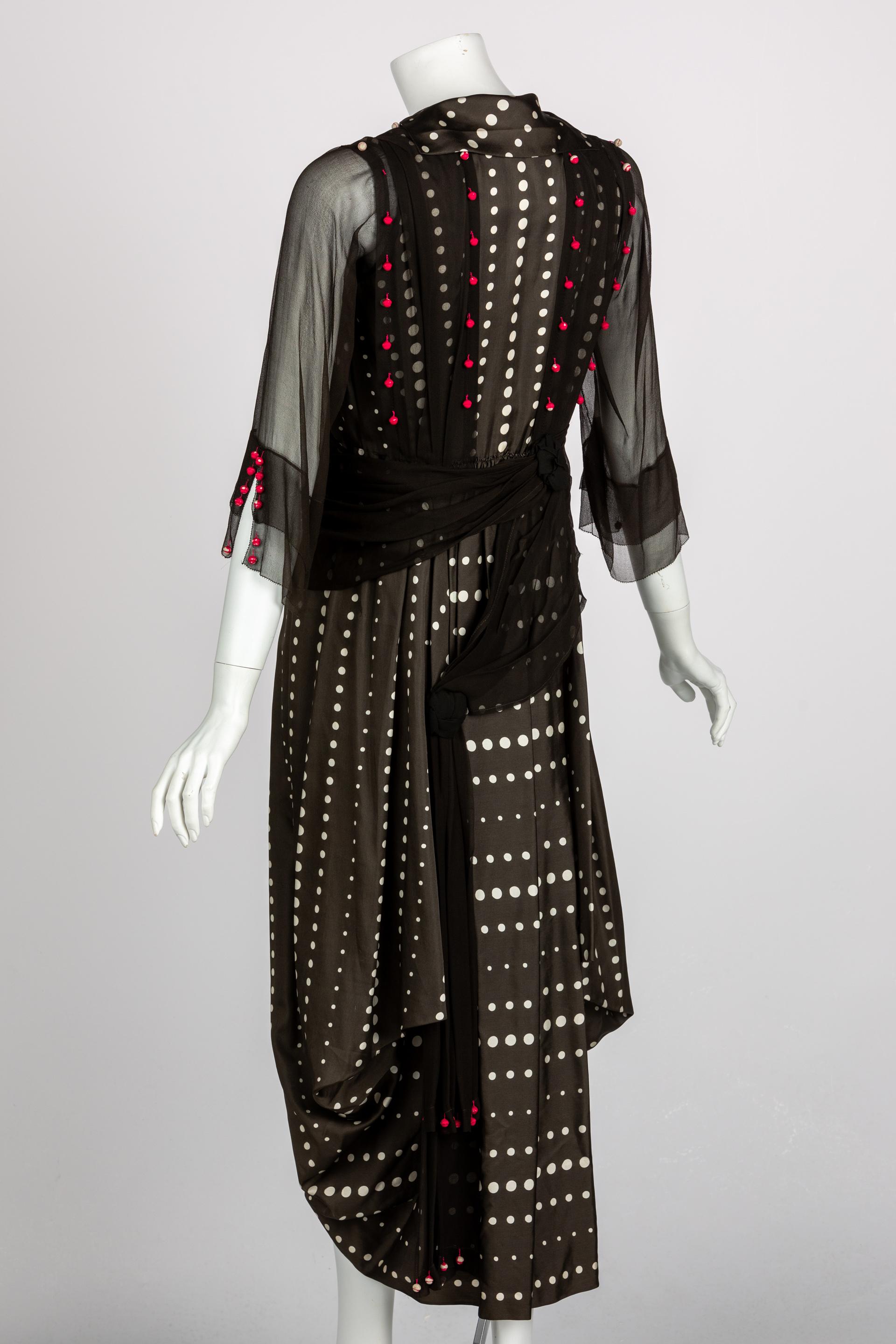 Vintage 1920s Black White Silk Dot Magenta Pom Pom Draped Dress For Sale 1