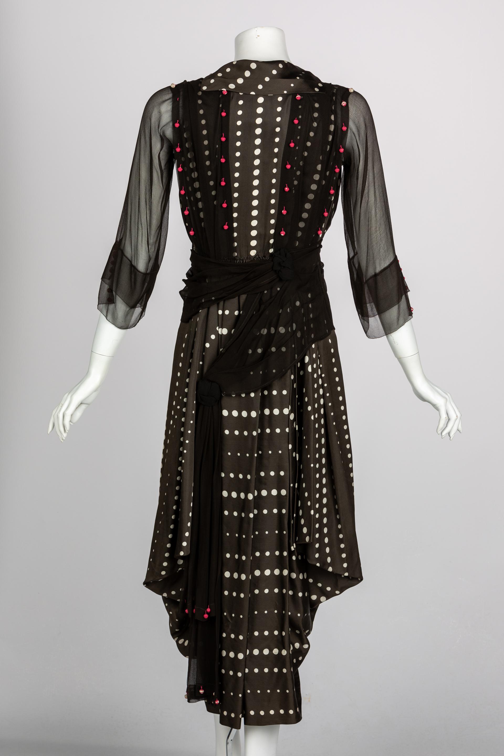 Vintage 1920s Black White Silk Dot Magenta Pom Pom Draped Dress For Sale 2