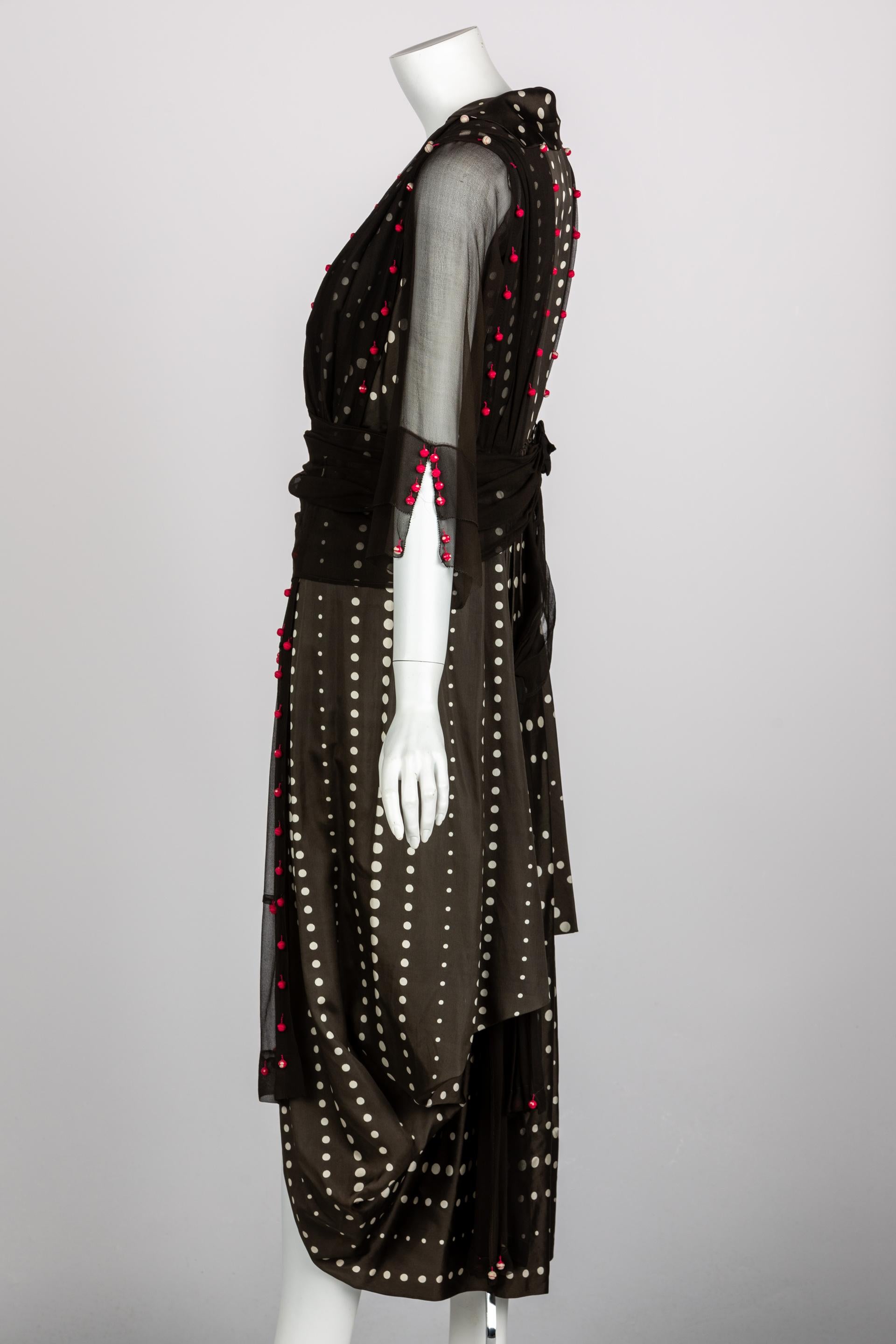 Vintage 1920s Black White Silk Dot Magenta Pom Pom Draped Dress For Sale 3