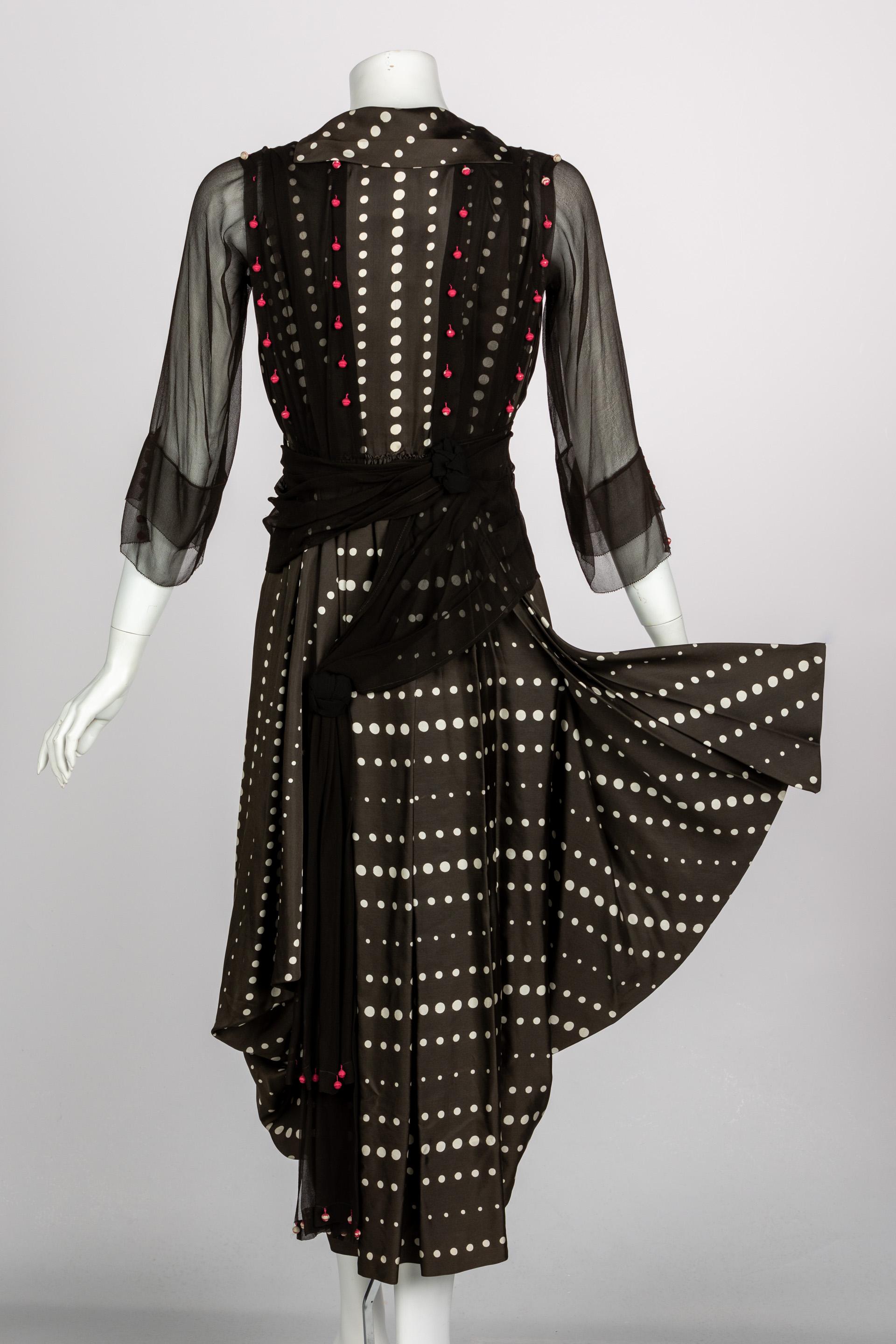 Vintage 1920s Black White Silk Dot Magenta Pom Pom Draped Dress For Sale 4