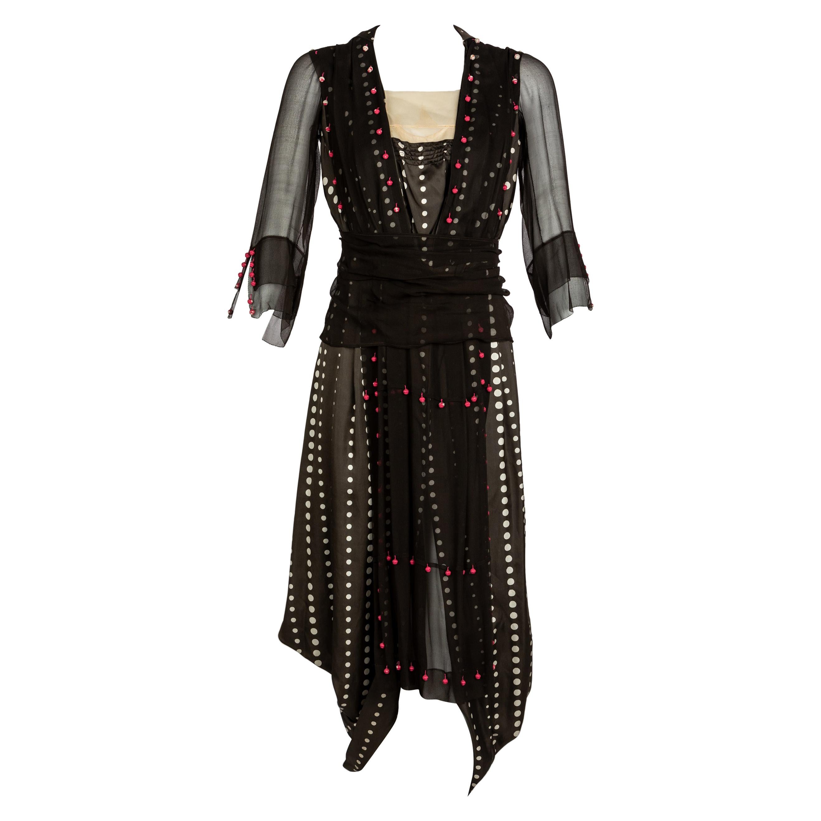 Vintage 1920s Black White Silk Dot Magenta Pom Pom Draped Dress For Sale