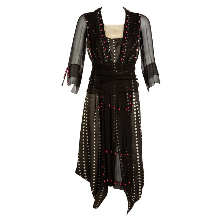 Vintage 1920s Black White Silk Dot Magenta Pom Pom Draped Dress For Sale at  1stDibs